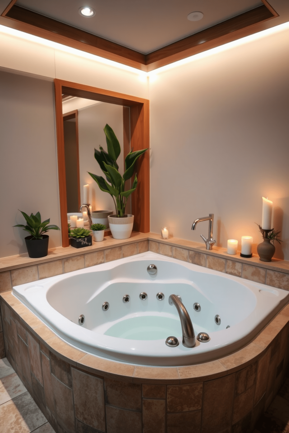 A small spa bathroom featuring a luxurious soaking tub equipped with built-in jets. The tub is surrounded by natural stone tiles, creating a serene and relaxing atmosphere. Soft lighting illuminates the space, enhancing the warm wood accents and elegant fixtures. Potted plants and scented candles are strategically placed to add a touch of tranquility.