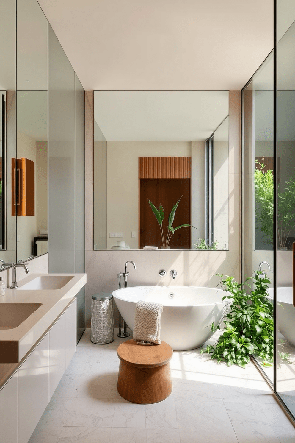 A small spa bathroom design that emphasizes the use of mirrors to create depth and space. The walls are adorned with large, frameless mirrors that reflect natural light, making the room feel more expansive and inviting. Soft, neutral tones dominate the color palette, complemented by natural wood accents for warmth. A freestanding tub sits elegantly in one corner, surrounded by lush greenery to enhance the spa-like atmosphere.