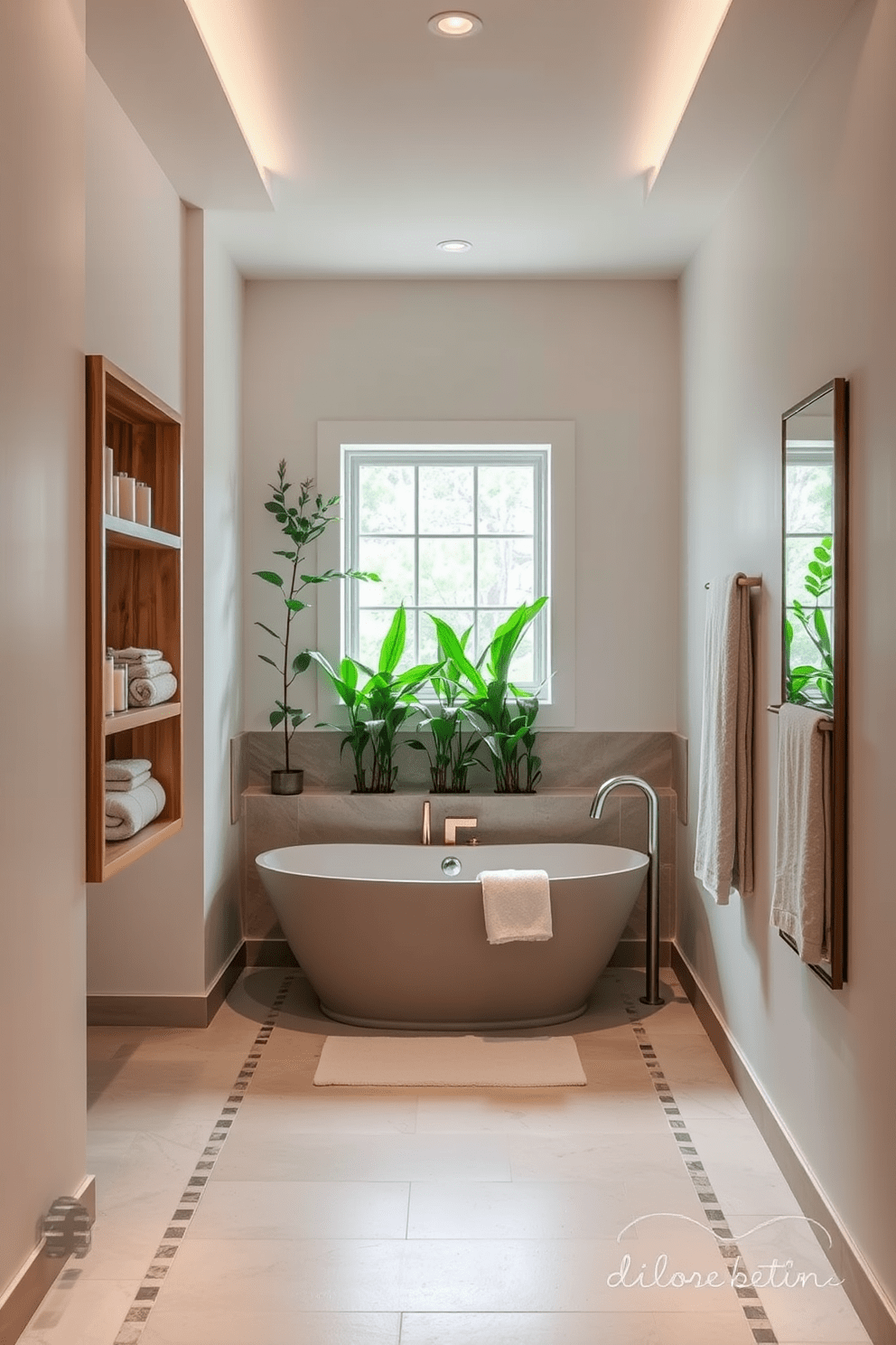 A serene spa bathroom design featuring a small window that allows natural light to flood the space. The room includes a freestanding soaking tub positioned under the window, surrounded by lush greenery for a tranquil atmosphere. Elegant wooden shelving lines one wall, displaying neatly arranged towels and decorative candles. Soft, neutral tones dominate the color palette, complemented by natural stone accents on the floor and walls for a calming effect.