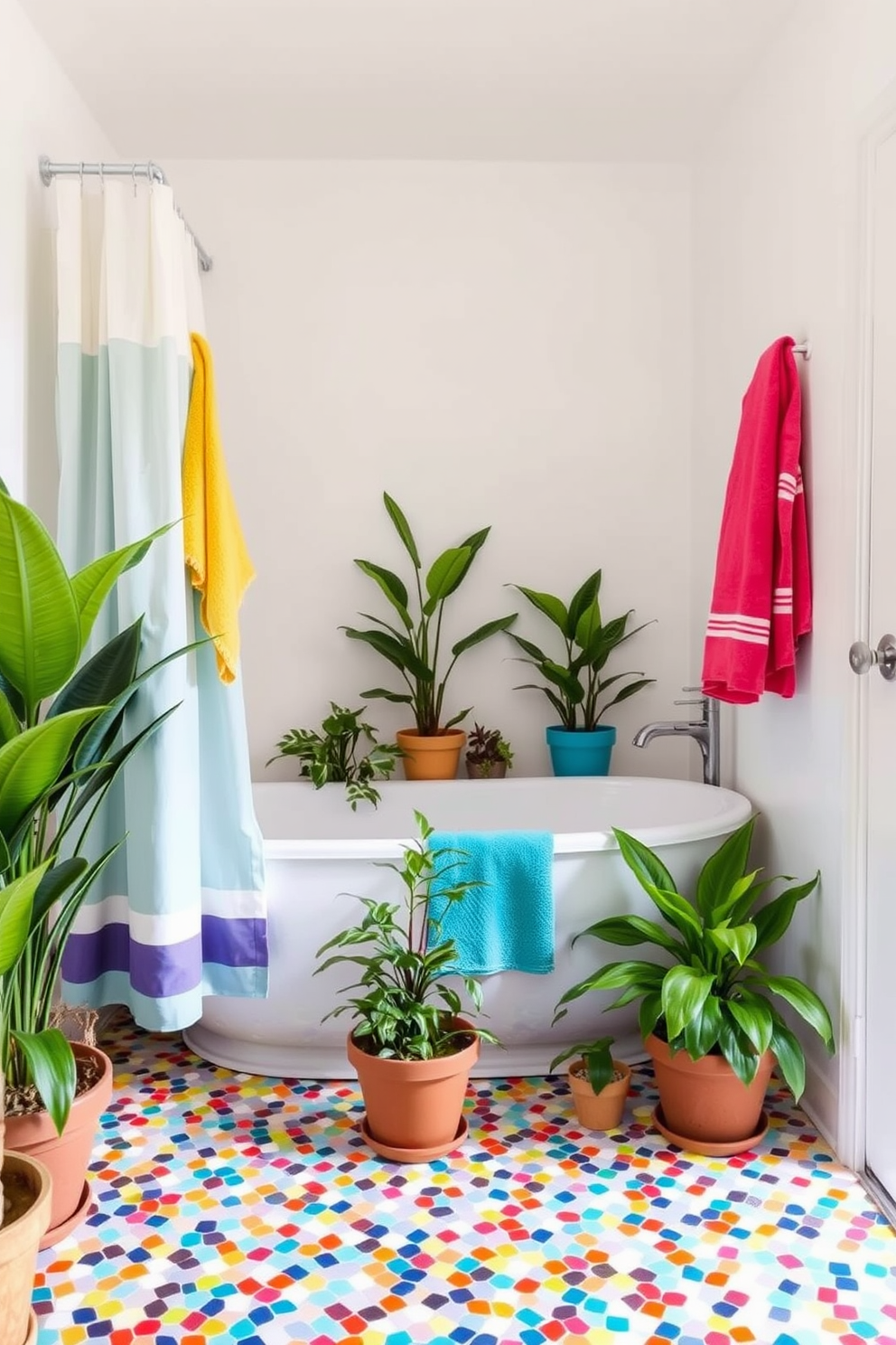 A small spa bathroom featuring colorful accents to brighten the space. The walls are painted in a soft white, creating a serene backdrop for vibrant accessories like bright towels and a cheerful shower curtain. A freestanding soaking tub sits in the corner, surrounded by potted plants that add a touch of greenery. The floor is adorned with colorful mosaic tiles, enhancing the inviting atmosphere of relaxation and rejuvenation.