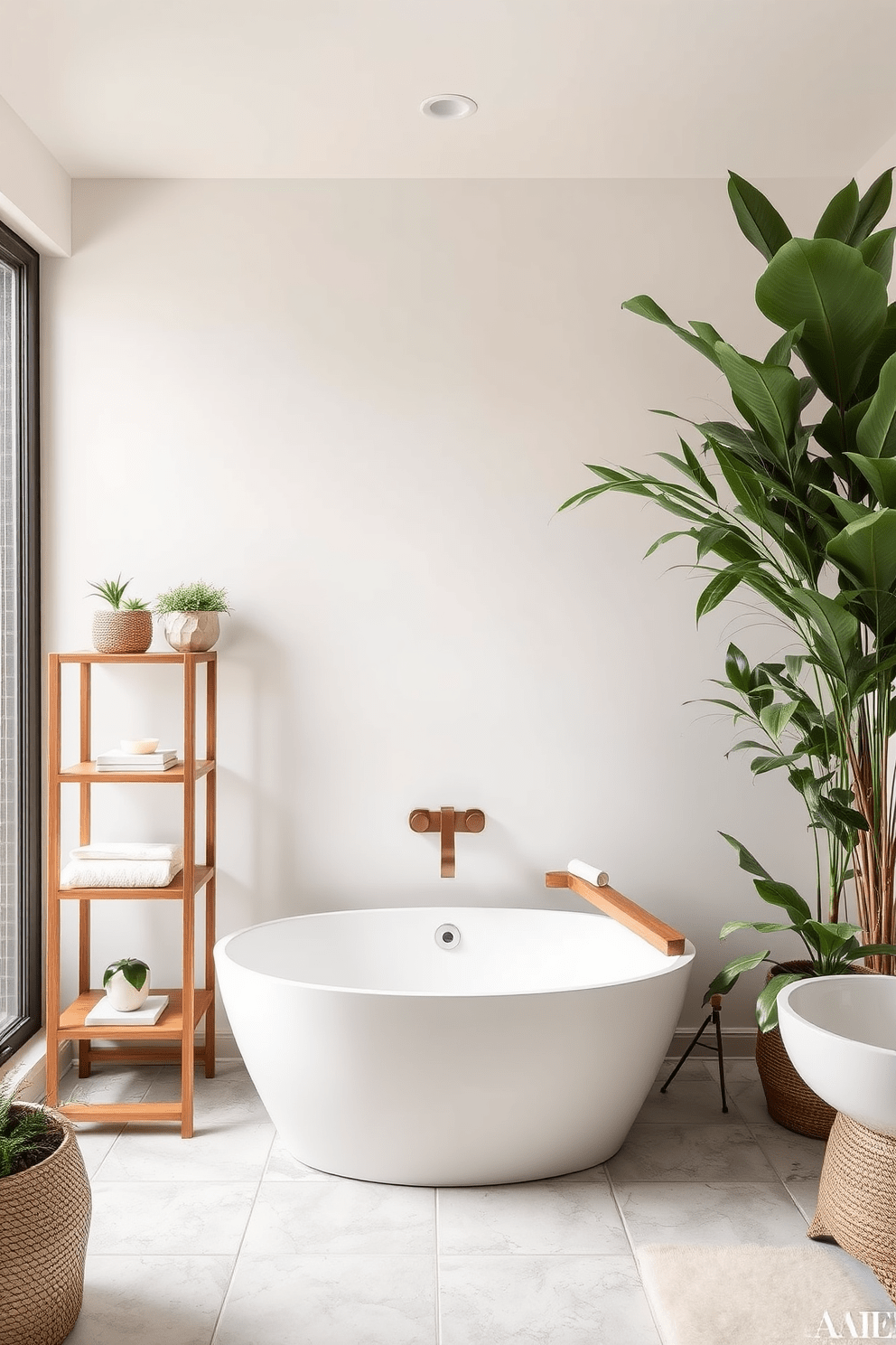 A freestanding shelf elegantly displays a collection of decorative items, including candles and small plants. The shelf is made of natural wood, adding warmth to the space, and is positioned near a window that allows natural light to illuminate the decor. The small spa bathroom features soft, neutral tones with a minimalist design. A freestanding tub sits in the center, surrounded by stone tiles and accented by lush greenery for a tranquil atmosphere.