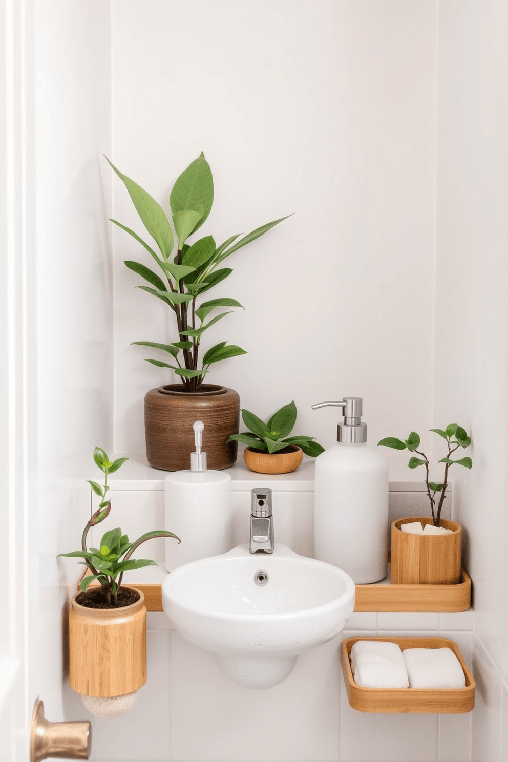 A small spa bathroom featuring stylish soap dispensers and organizers creates a tranquil and organized space. The dispensers are elegantly designed, complementing the soothing color palette of soft whites and muted greens. Natural materials such as bamboo or ceramic are used for the organizers, adding warmth and texture to the bathroom. Plants are strategically placed to enhance the spa-like atmosphere, bringing a touch of nature indoors.