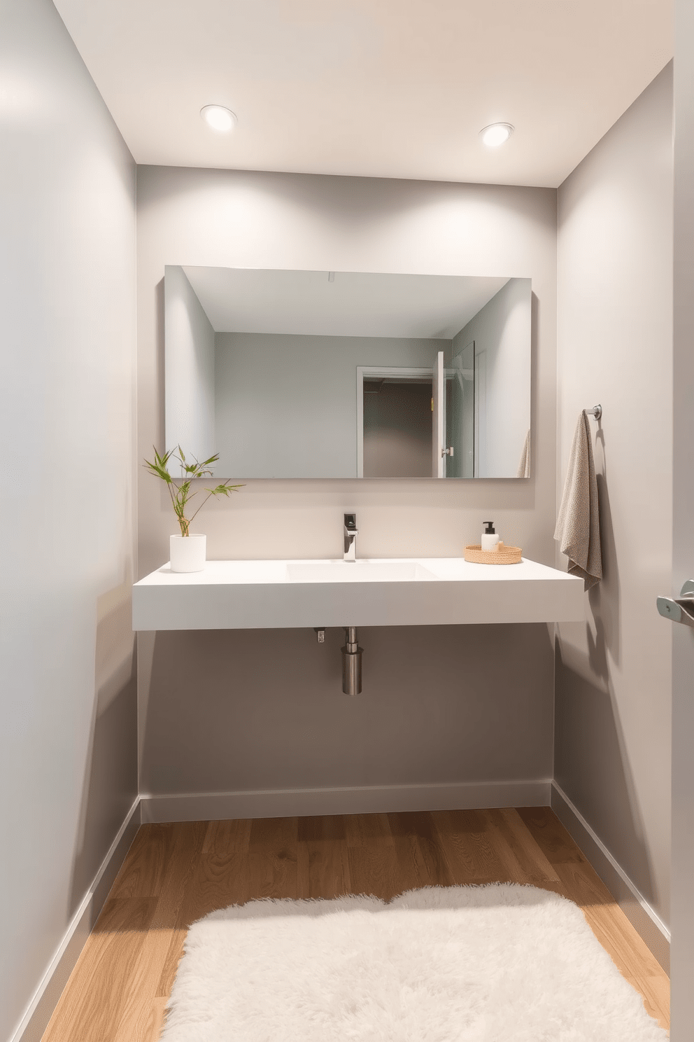 A minimalist floating vanity is centered against a soft gray wall, featuring a sleek white countertop with an integrated sink. Soft lighting from recessed fixtures casts a warm glow, enhancing the serene atmosphere of the small spa bathroom. The space is adorned with natural elements, including a bamboo plant in the corner and a plush white rug underfoot. A large frameless mirror reflects the calming design, creating an illusion of spaciousness in the cozy retreat.