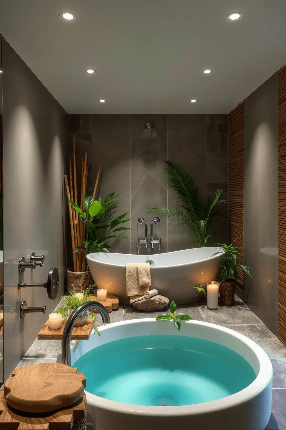 Create a serene spa-like atmosphere in a small bathroom. Incorporate soft ambient music that enhances relaxation and tranquility. Use natural materials such as bamboo and stone to create a calming environment. Add a freestanding soaking tub surrounded by lush greenery and candles for a luxurious touch.