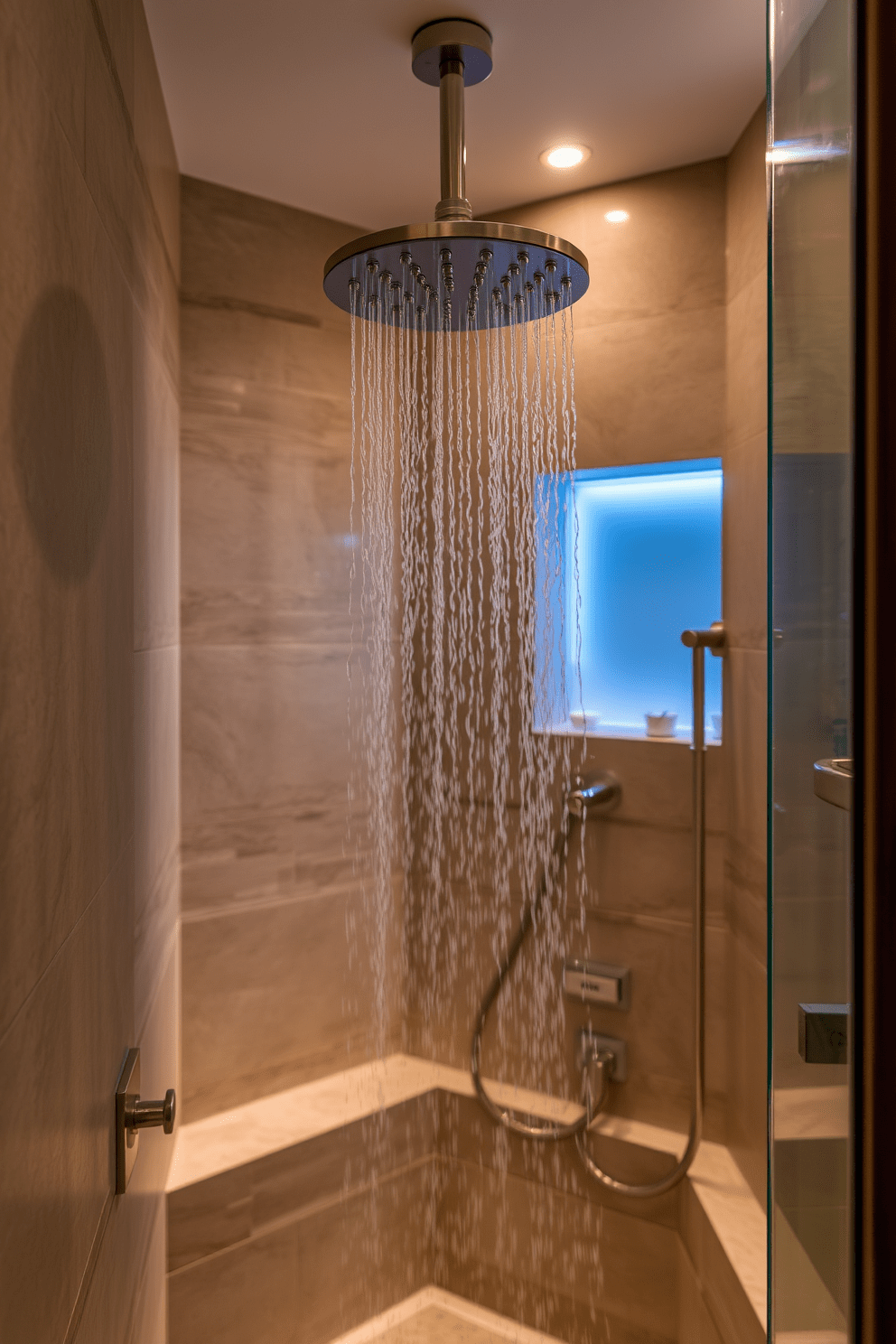 A small spa bathroom designed for relaxation features a rain showerhead that cascades water gently for a luxurious experience. The space is adorned with natural stone tiles and soft ambient lighting to create a serene atmosphere.