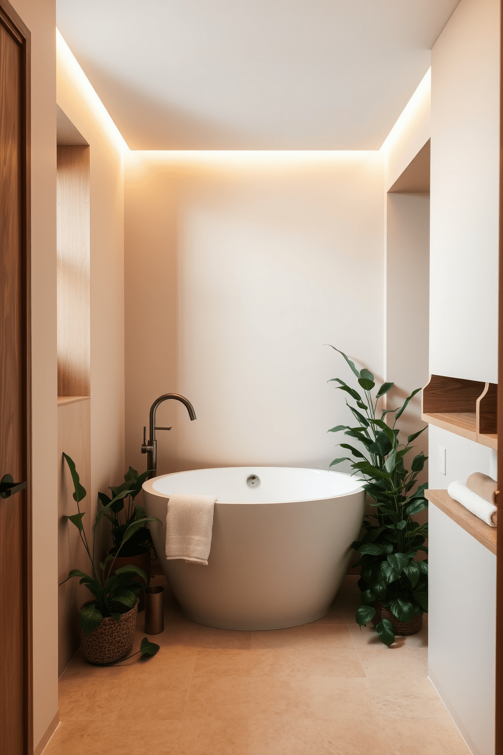 A small spa bathroom designed with a soft neutral color palette creates a tranquil atmosphere. The walls are painted in a warm beige, complemented by light wood accents and natural stone elements. A freestanding soaking tub sits elegantly in one corner, surrounded by lush greenery for a serene vibe. Soft, ambient lighting enhances the calming environment, while plush towels and a minimalist wooden shelf add functional beauty.