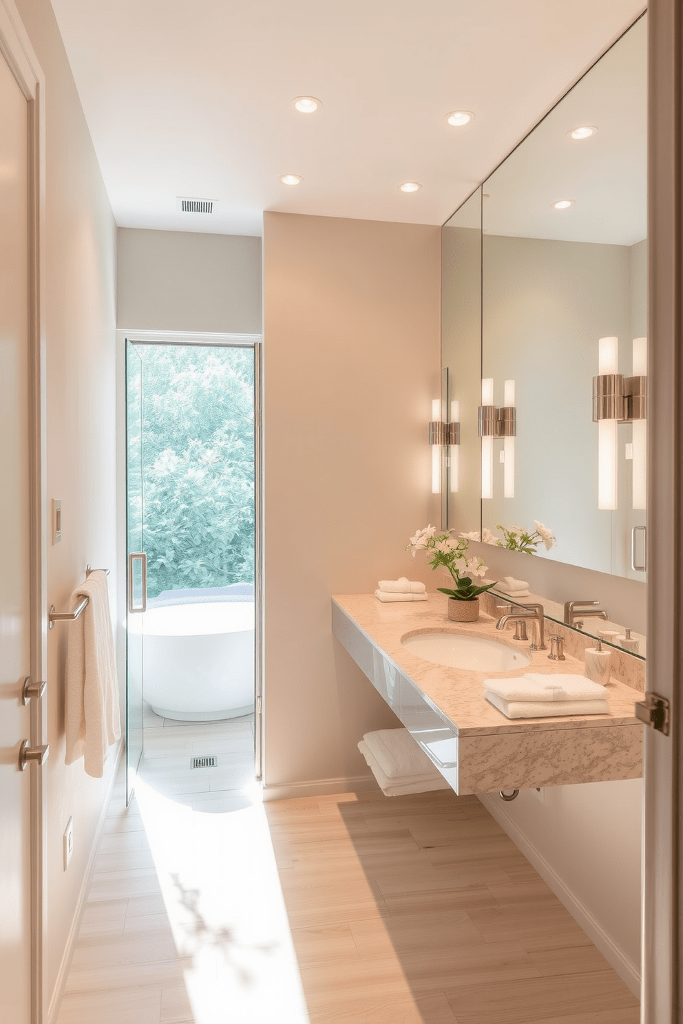 A small spa bathroom design featuring a large mirror that reflects natural light and creates the illusion of a more spacious area. The walls are adorned with soft, calming colors and the floor is covered with light-colored wood tiles for a warm, inviting feel.