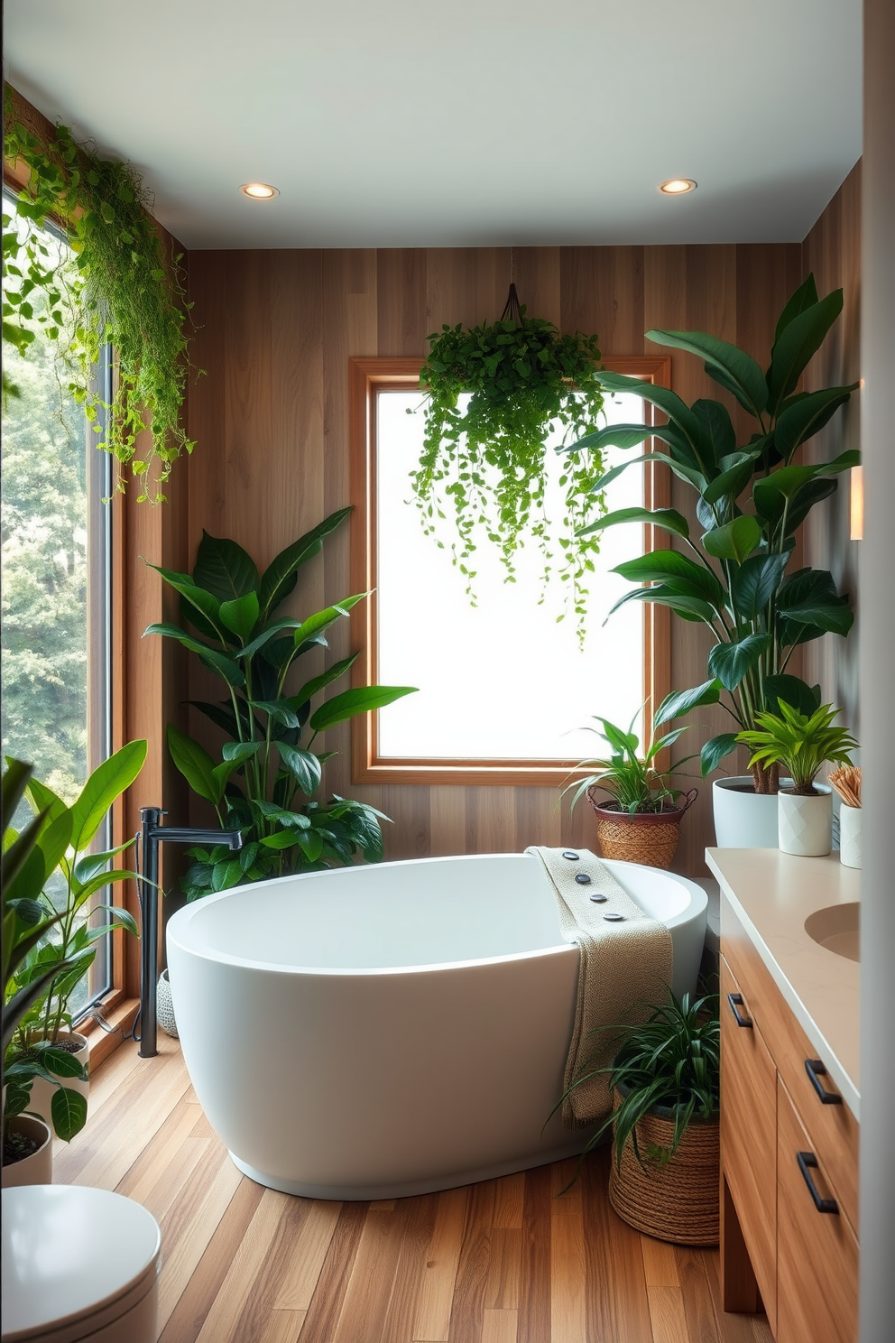 A small spa bathroom featuring indoor plants for a refreshing touch. The space includes a freestanding bathtub surrounded by lush greenery and soft, ambient lighting. Natural wood accents and neutral tones create a calming atmosphere. A large window allows natural light to flood the room, enhancing the serene vibe.