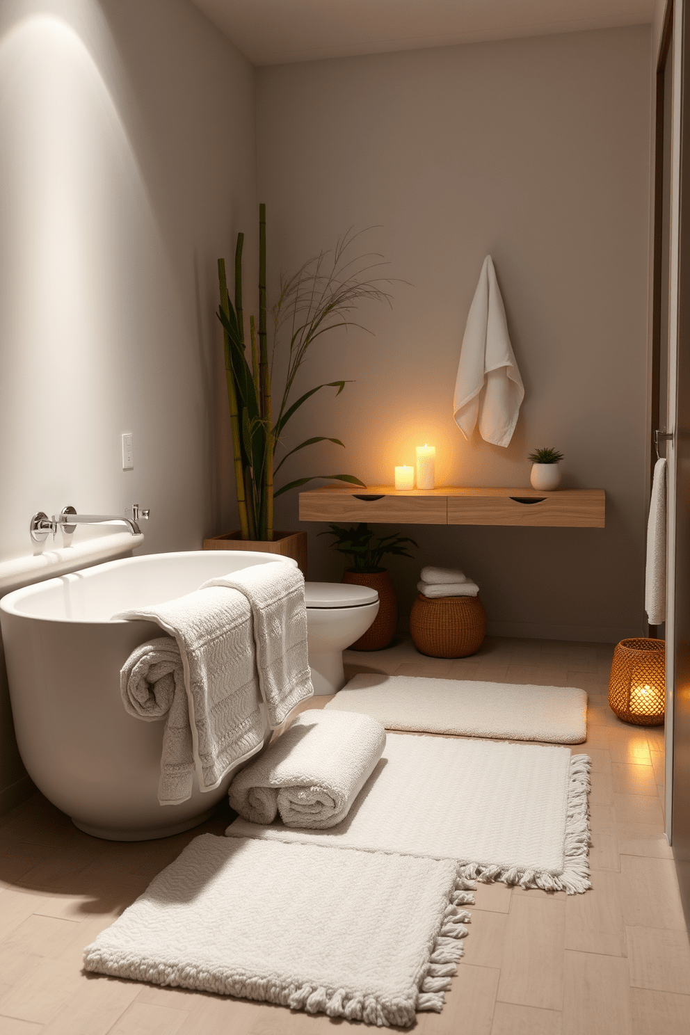 A small spa bathroom features soft textured towels and plush bath mats that create a sense of comfort and relaxation. The color palette includes soothing shades of white and light gray, enhancing the tranquil atmosphere of the space. Natural elements such as bamboo accents and potted plants add a touch of serenity to the design. Ambient lighting is strategically placed to create a warm and inviting glow, perfect for unwinding after a long day.