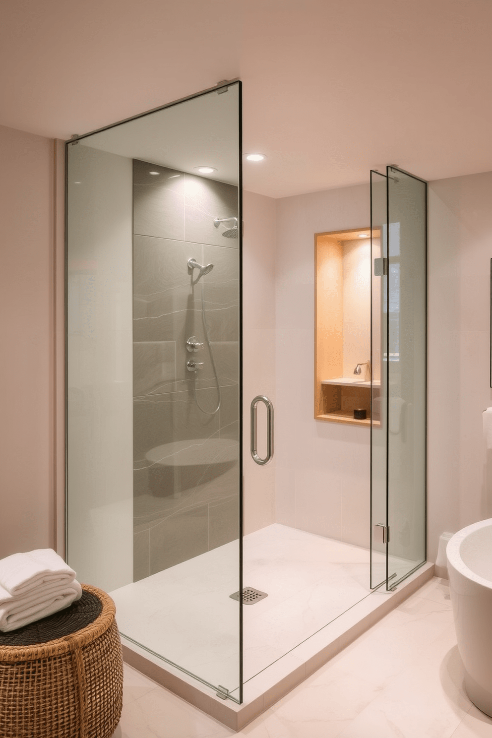 A serene spa bathroom featuring a glass shower enclosure that enhances the sense of openness. The space is adorned with soft lighting and natural wood accents, creating a tranquil atmosphere.