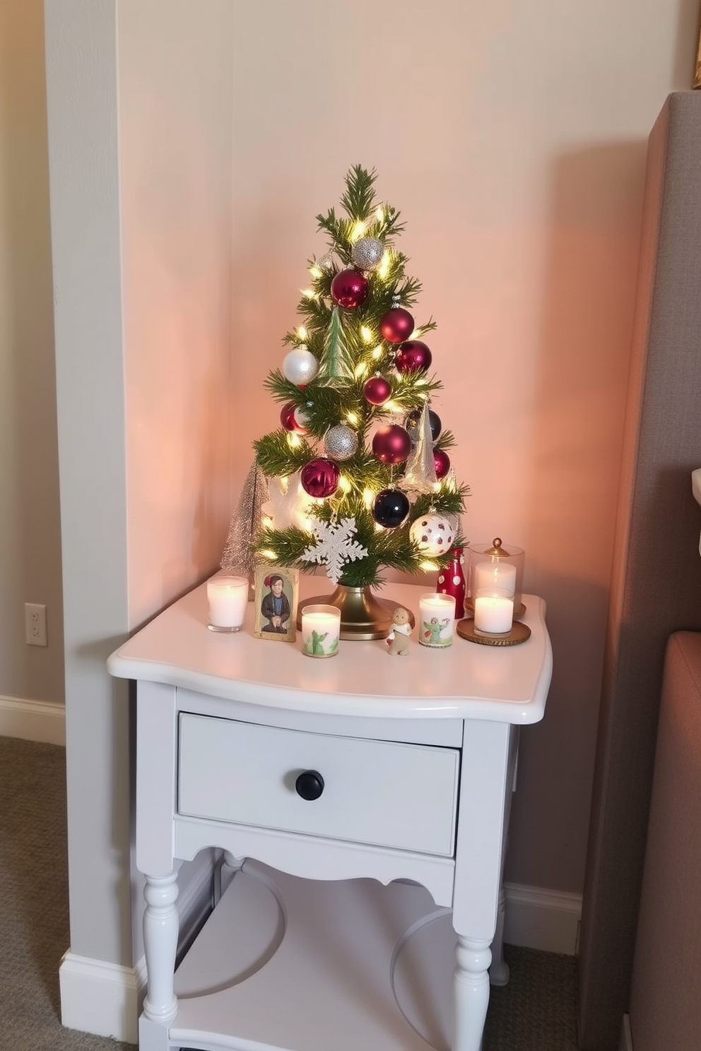 A charming side table adorned with a miniature tree decorated in festive ornaments and twinkling lights. Surrounding the tree are small decorative items like candles and holiday-themed figurines, creating a cozy and inviting atmosphere. The side table is positioned in a snug corner, maximizing the use of space while adding a touch of holiday cheer. Soft, warm lighting enhances the ambiance, making the small area feel festive and welcoming.