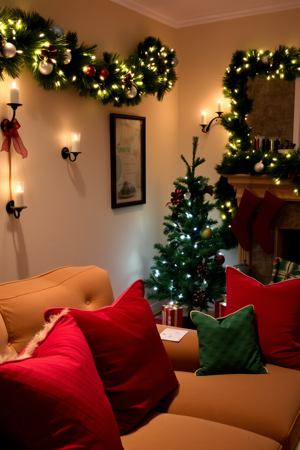 A cozy living room adorned for Christmas. Wall-mounted candle holders are placed strategically along the walls, casting a warm glow over the space decorated with festive garlands and twinkling lights. A small, elegantly decorated tree stands in the corner, surrounded by carefully wrapped gifts. Plush cushions in rich reds and greens add a touch of comfort to the seating area, enhancing the holiday spirit.