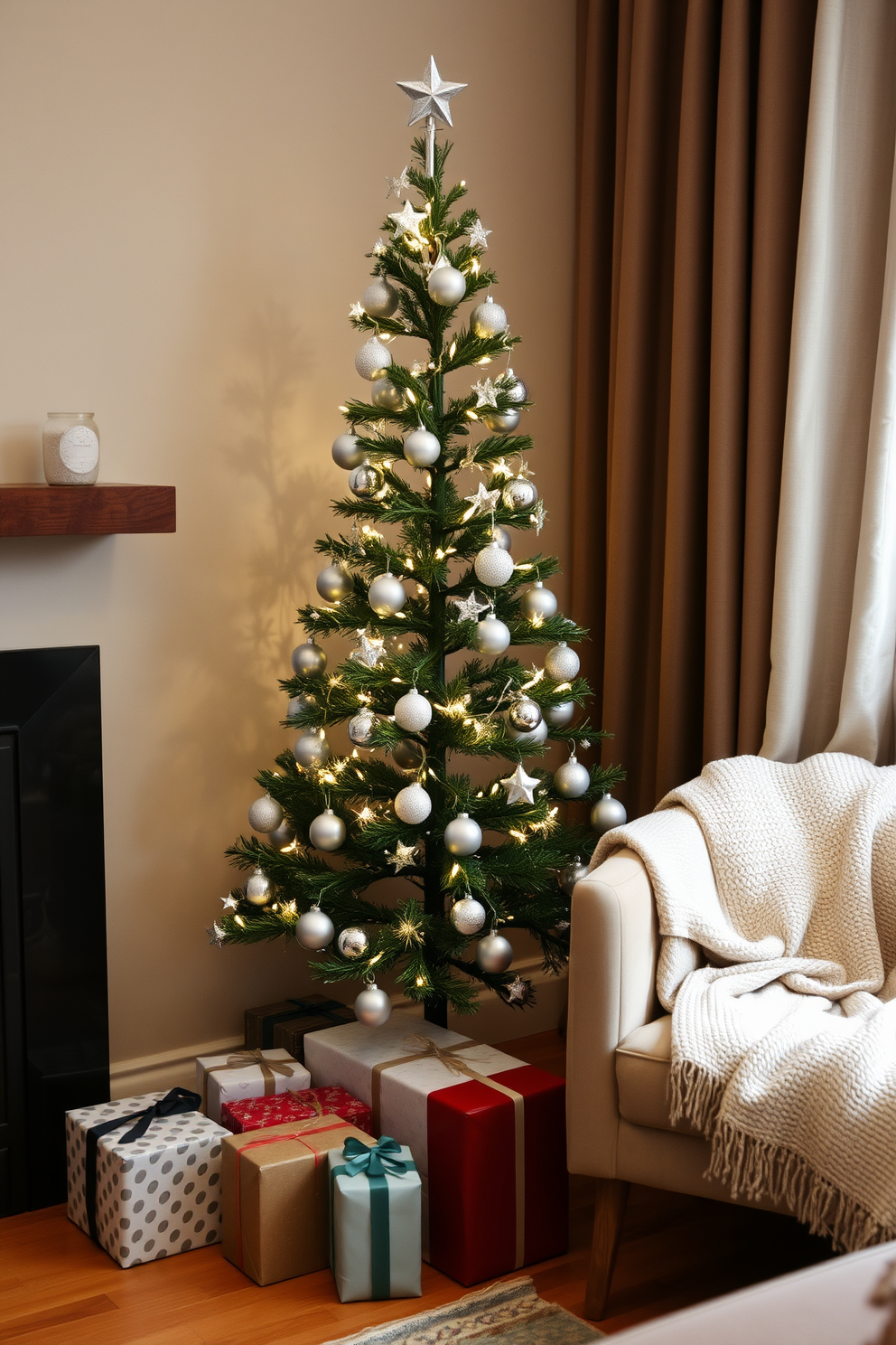 A slim Christmas tree stands elegantly in the corner of a cozy living room. Adorned with twinkling white lights and delicate silver ornaments, it brings a festive charm to the small space. Surrounding the tree, a collection of wrapped gifts in various sizes adds a touch of color and excitement. A small, comfortable armchair draped with a soft throw blanket completes the inviting holiday atmosphere.