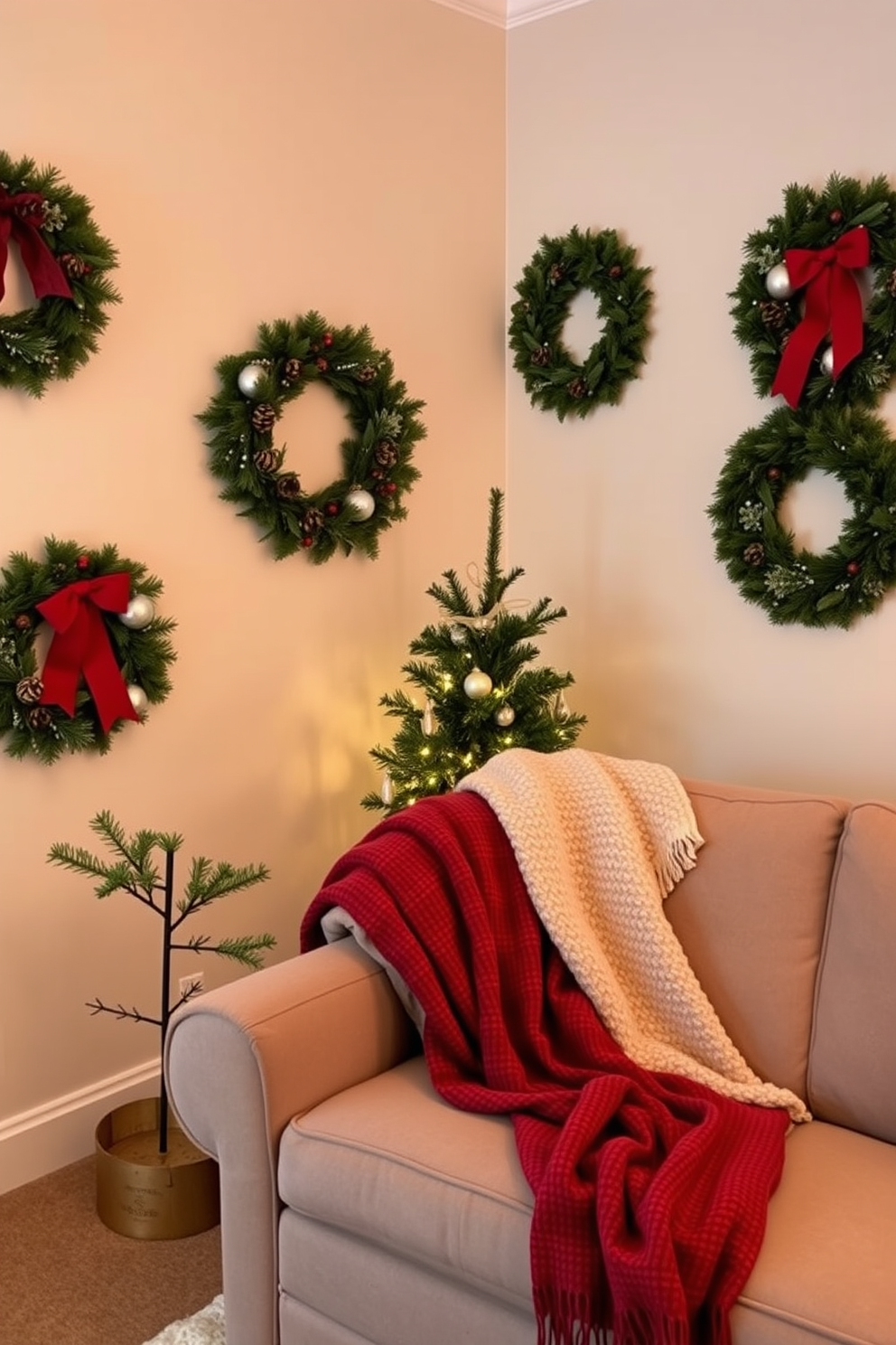 A cozy living room adorned with festive wreaths as wall art. Each wreath is uniquely decorated with pinecones, red berries, and ribbons, adding a touch of holiday cheer to the space. In the corner, a small tree is elegantly decorated with twinkling lights and delicate ornaments. A plush throw blanket drapes over a compact sofa, creating an inviting atmosphere for holiday gatherings.