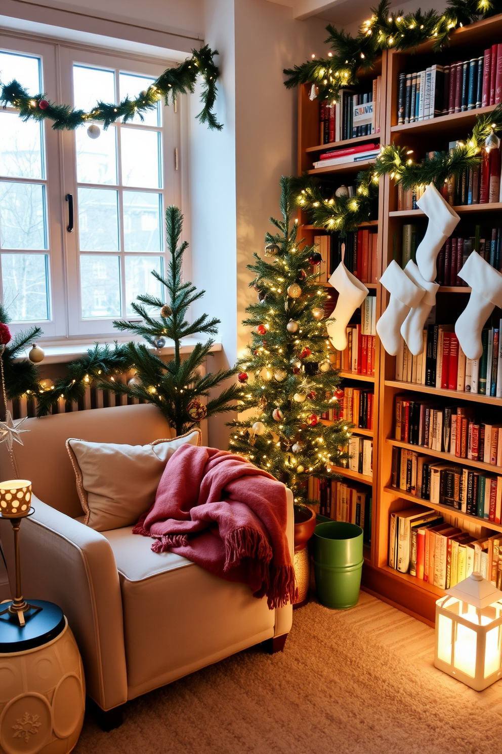 A cozy reading nook featuring a plush armchair upholstered in soft fabric, positioned next to a tall bookshelf filled with an array of colorful books. A warm throw blanket is draped over the armchair, and a small side table holds a steaming cup of tea and a decorative lamp that casts a soft glow. Small space Christmas decorating ideas include a compact tree adorned with twinkling fairy lights and delicate ornaments, placed in a corner to maximize floor space. Festive garlands are draped along shelves and windows, while stockings hang from a wall-mounted rack, creating a warm and inviting holiday atmosphere.