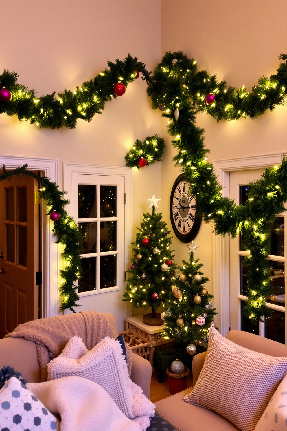 A cozy living room adorned with festive garlands draped elegantly above the doorways. The garlands are lush and green, accented with twinkling fairy lights and colorful ornaments to create a warm holiday atmosphere. In the corner, a small Christmas tree is decorated with delicate ornaments and a shining star on top. The space is filled with plush blankets and cushions, inviting family and friends to gather and celebrate the season.