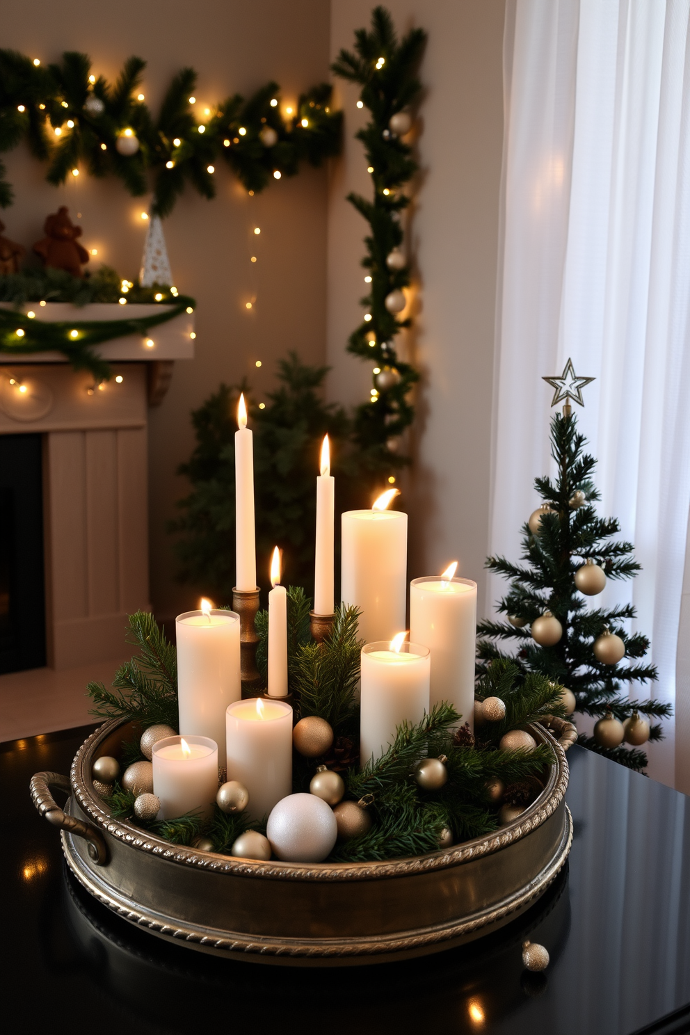 A cozy living room corner decorated for Christmas. A decorative tray holds an assortment of candles in varying heights, surrounded by pine branches and small ornaments. The walls are adorned with festive garlands and twinkling fairy lights. A small Christmas tree stands nearby, decorated with delicate ornaments and a star on top.