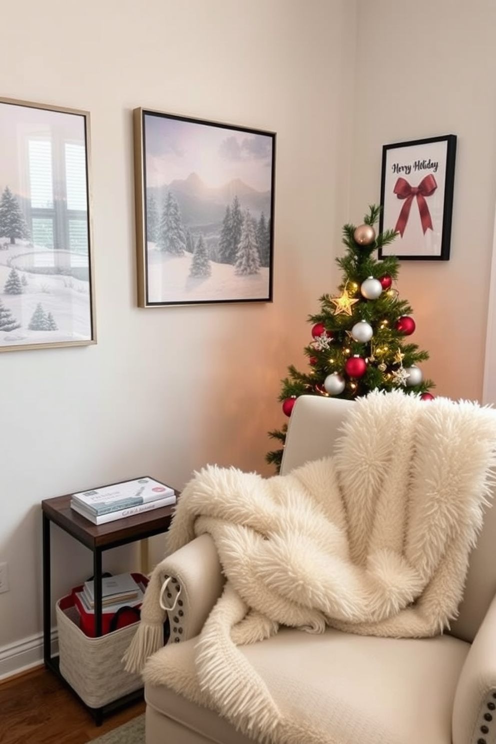 Create a cozy living room setting for the holidays. The walls are adorned with festive artwork featuring winter scenes and cheerful holiday motifs. Include a small, decorated Christmas tree in the corner, adorned with twinkling lights and colorful ornaments. A plush throw blanket drapes over a stylish armchair, adding warmth and comfort to the space.