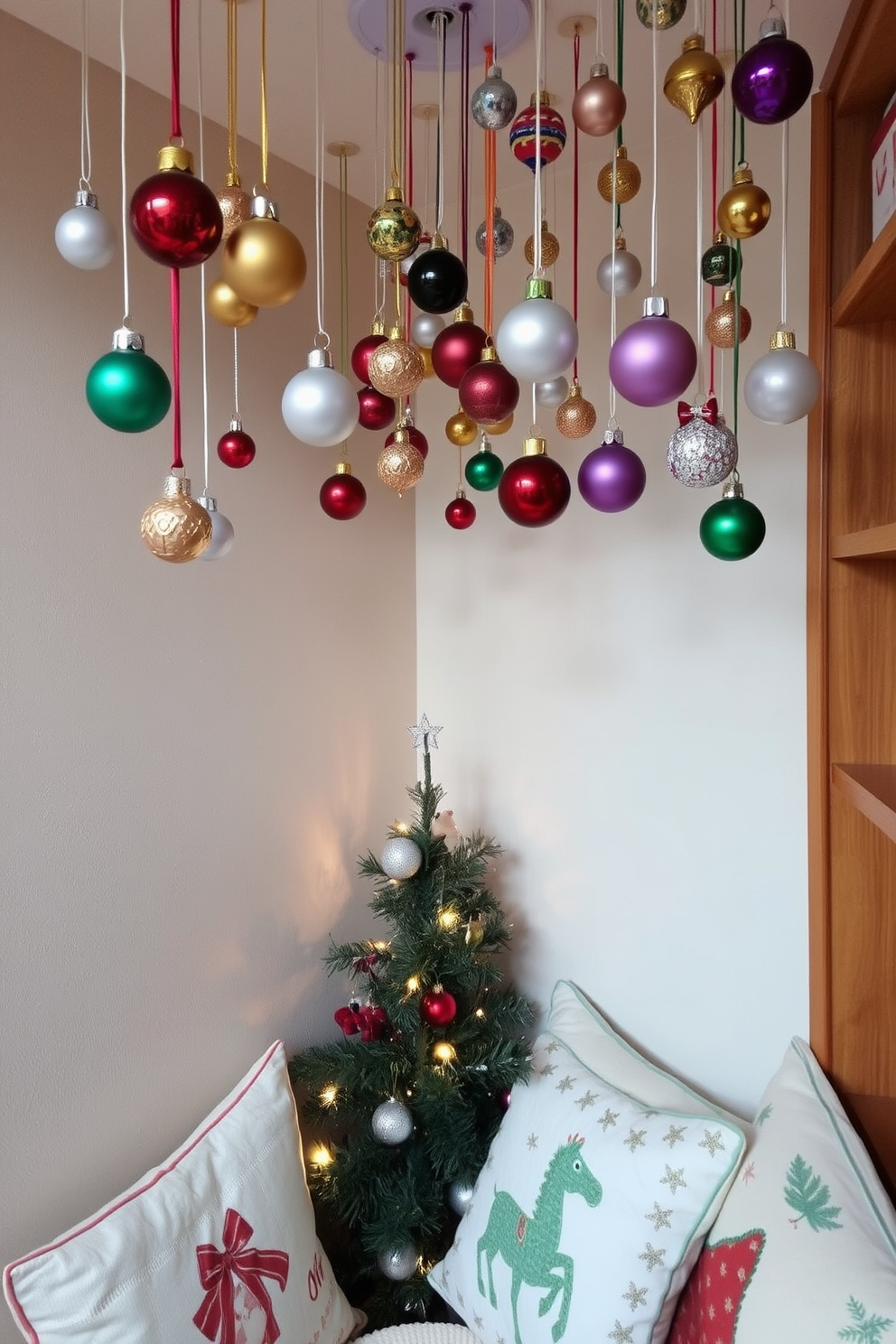 A cozy small space decorated for Christmas features hanging ornaments from the ceiling in a variety of colors and shapes. The ornaments sway gently, adding a festive touch to the room while maximizing vertical space. In one corner, a small tree is adorned with twinkling lights and delicate decorations. Surrounding the tree, a few carefully placed holiday-themed cushions create an inviting atmosphere.