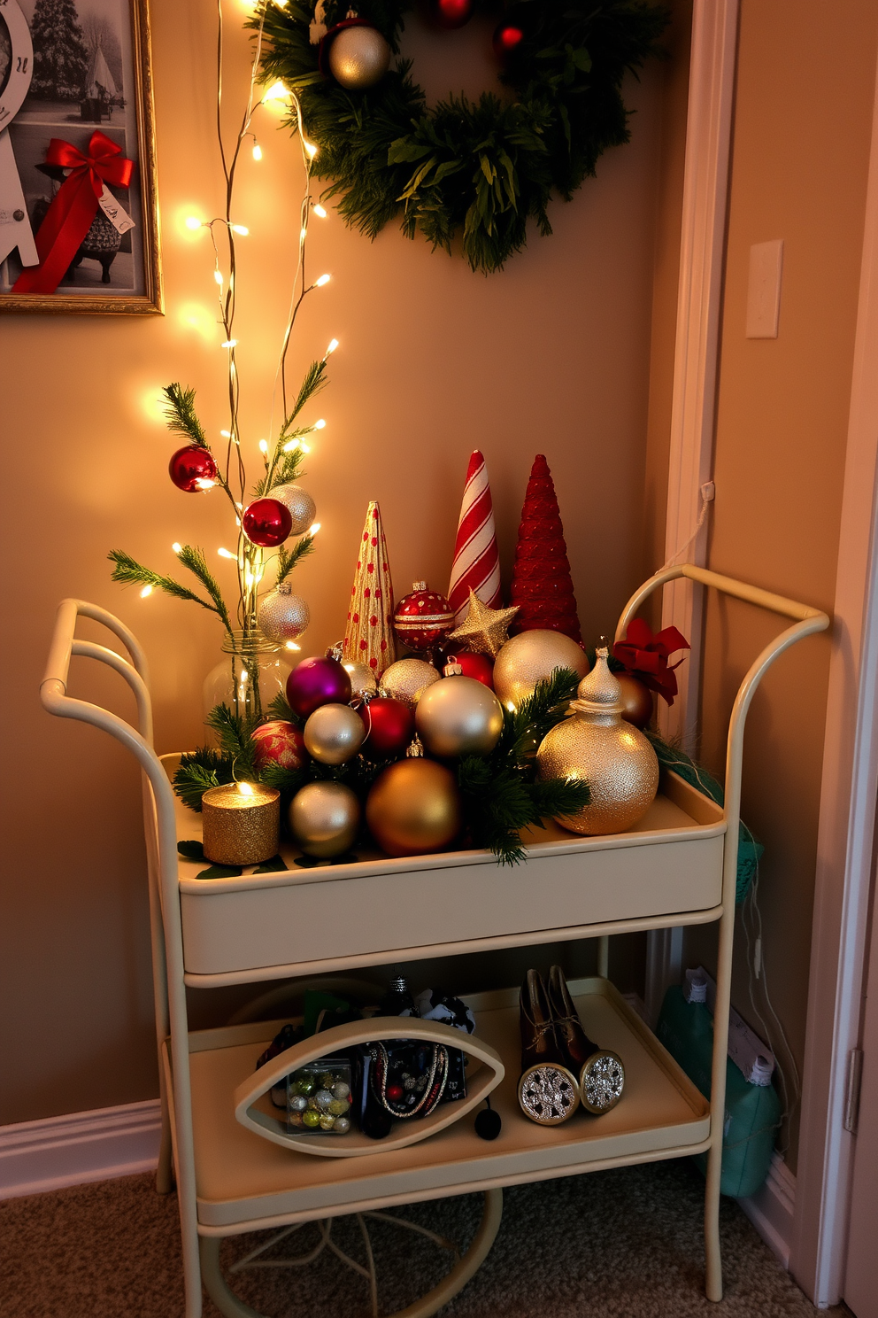 A charming small space decorated for Christmas with a small cart elegantly displaying festive decor. The cart is adorned with twinkling fairy lights, a collection of colorful ornaments, and a few carefully arranged pine branches.