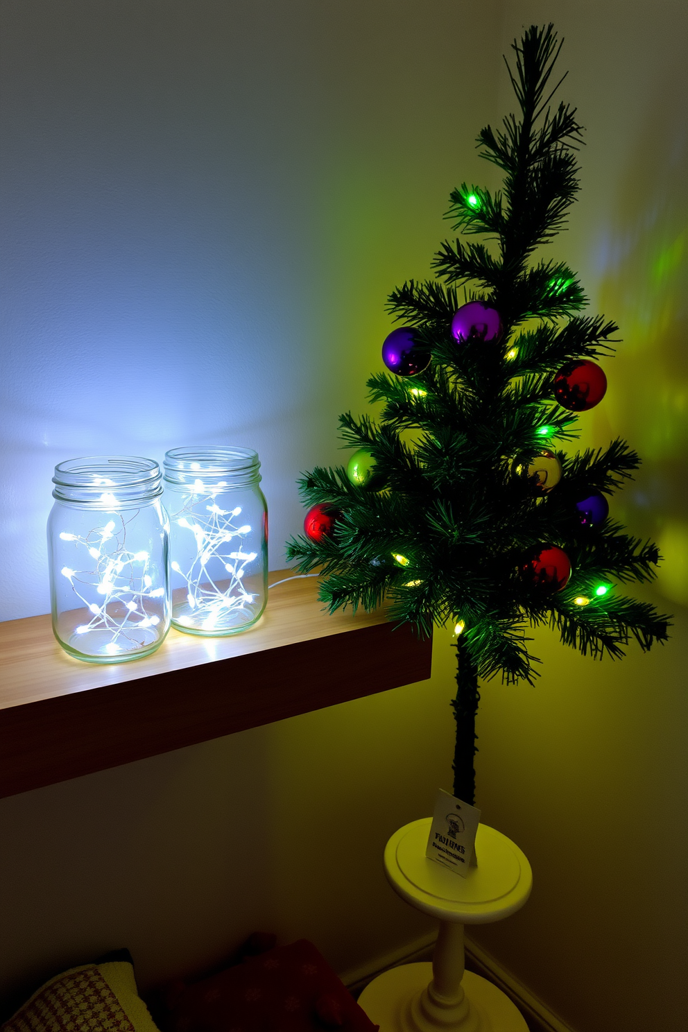 A cozy small space decorated for Christmas features twinkle lights nestled inside glass jars placed on a wooden shelf. The jars glow warmly, creating a festive atmosphere, while a small evergreen tree adorned with colorful ornaments stands in the corner.