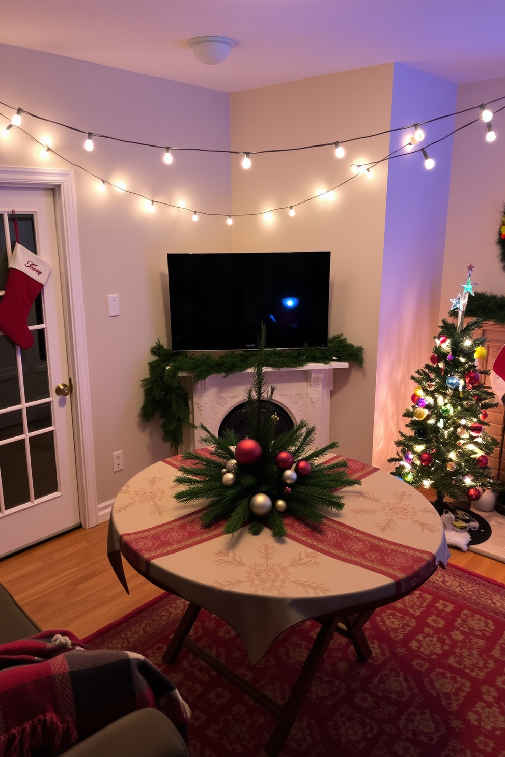 A cozy living room adorned for the holidays. A folding table is set up against the wall, decorated with a festive tablecloth and a centerpiece of pine branches and ornaments. String lights hang above, casting a warm glow across the room. Stockings are hung by the fireplace, and a small Christmas tree stands in the corner, decorated with colorful baubles.