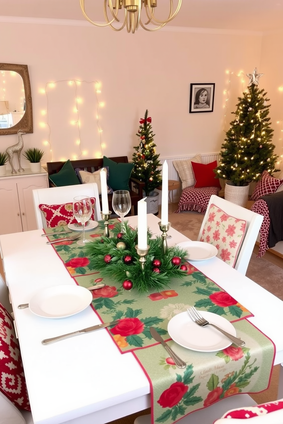 A cozy dining area adorned with a festive table runner featuring vibrant holiday colors. The table is set for a small gathering, with elegant dinnerware and a centerpiece of seasonal greenery and candles. A compact living room decorated for Christmas with twinkling fairy lights and a small tree in the corner. Plush cushions and throws in festive patterns add warmth and cheer to the space.