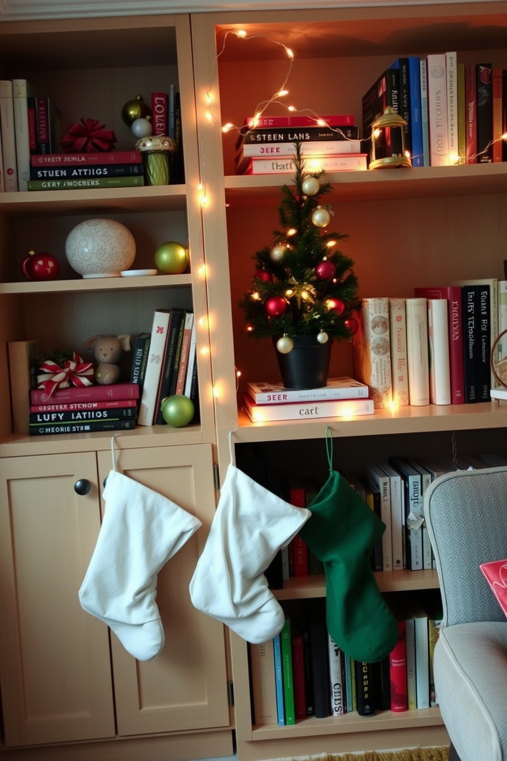 A cozy living room corner features a stylish bookshelf adorned with holiday decorations. The shelves are filled with festive ornaments, twinkling lights, and seasonal books, creating a warm and inviting atmosphere. A small potted Christmas tree sits atop the bookshelf, surrounded by colorful baubles and a string of fairy lights. Stockings hang from the side of the shelf, adding a personal touch to the holiday display.