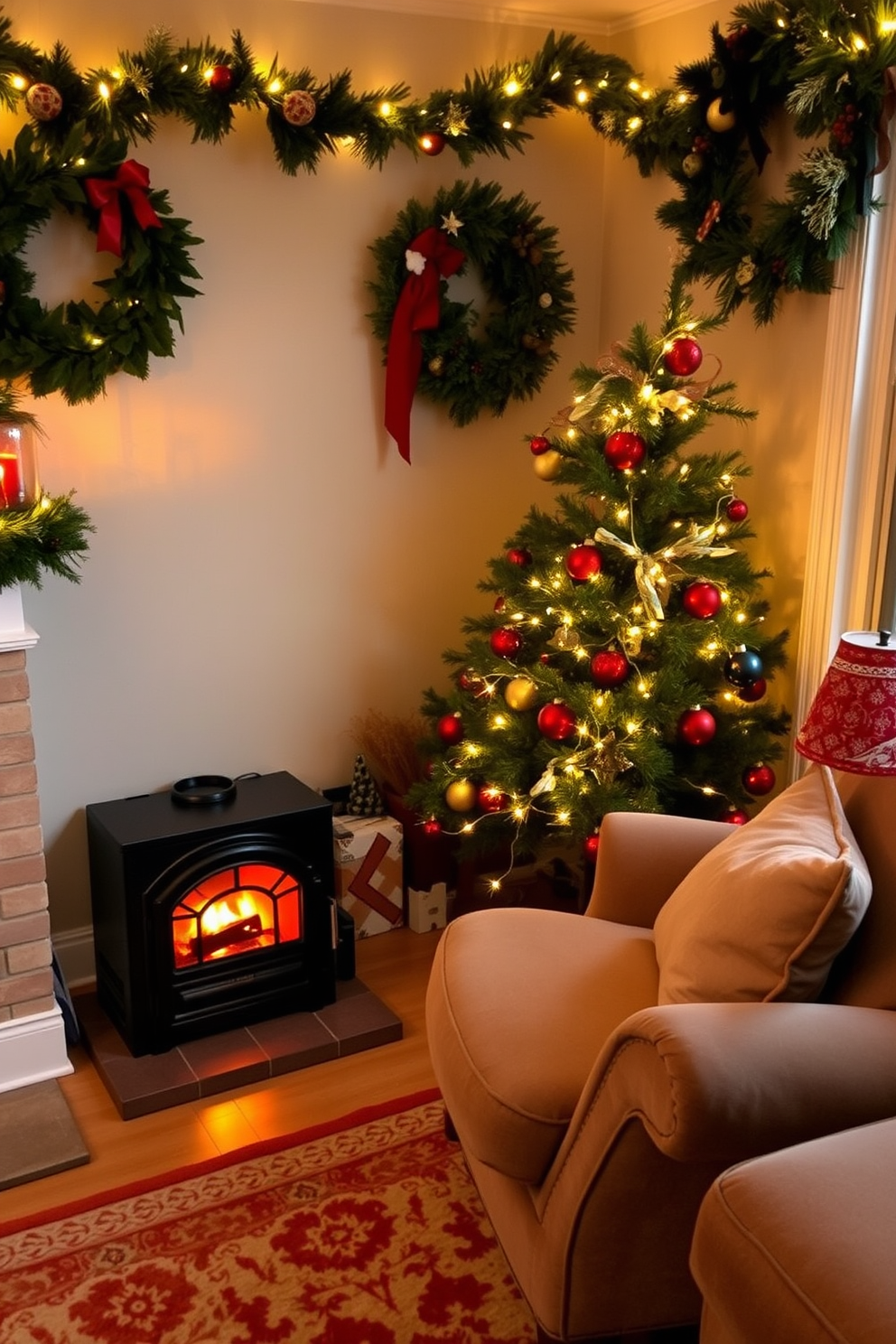 A cozy living room setting for Christmas. There is a mini fireplace in the corner, surrounded by festive decorations and warm lighting. The walls are adorned with holiday wreaths and garlands. A small tree decorated with twinkling lights stands next to a plush armchair, inviting relaxation and holiday cheer.