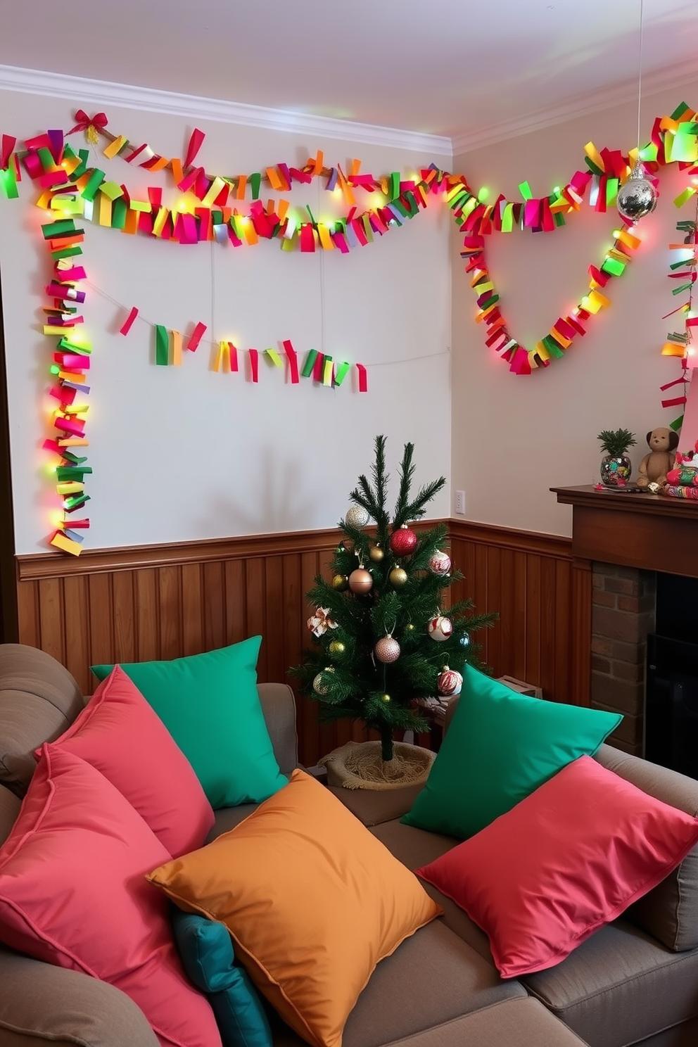 A cozy living room adorned with colorful wrapping paper as decor. The walls are lined with festive garlands made from the same wrapping paper, adding a cheerful touch to the space. A small tree stands in the corner, decorated with ornaments that match the vibrant colors of the wrapping paper. Cushions in coordinating hues are scattered on the sofa, creating a warm and inviting atmosphere for the holiday season.