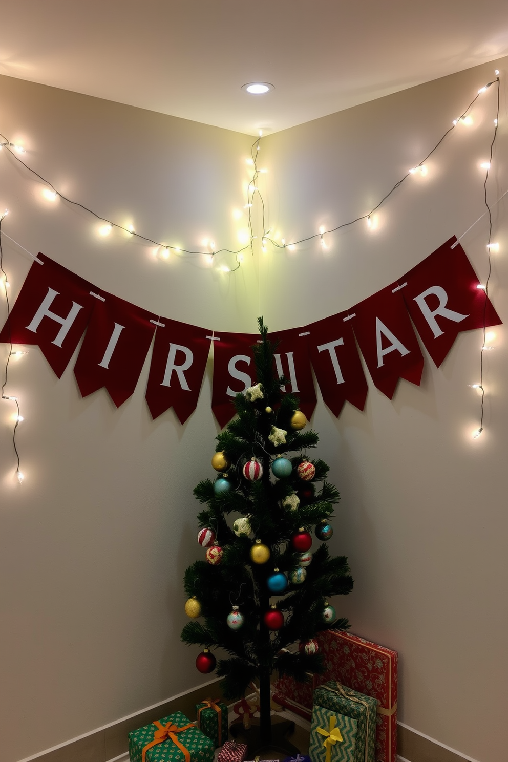 A festive banner is hung across a wall adorned with twinkling fairy lights. The space is decorated with a small tree in the corner, surrounded by colorful ornaments and wrapped gifts.