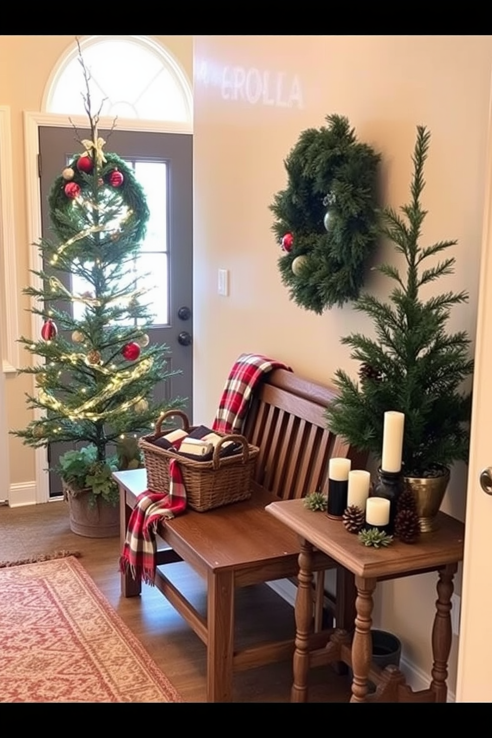 A cozy holiday-themed entryway welcomes guests with a small evergreen tree adorned with twinkling fairy lights. A rustic wooden bench sits against the wall, draped with a plaid throw and topped with a decorative basket filled with pinecones and ornaments. The walls are painted in a warm cream color, creating a bright and inviting atmosphere. A festive wreath hangs on the door, while a small table displays a collection of holiday candles and a seasonal centerpiece.