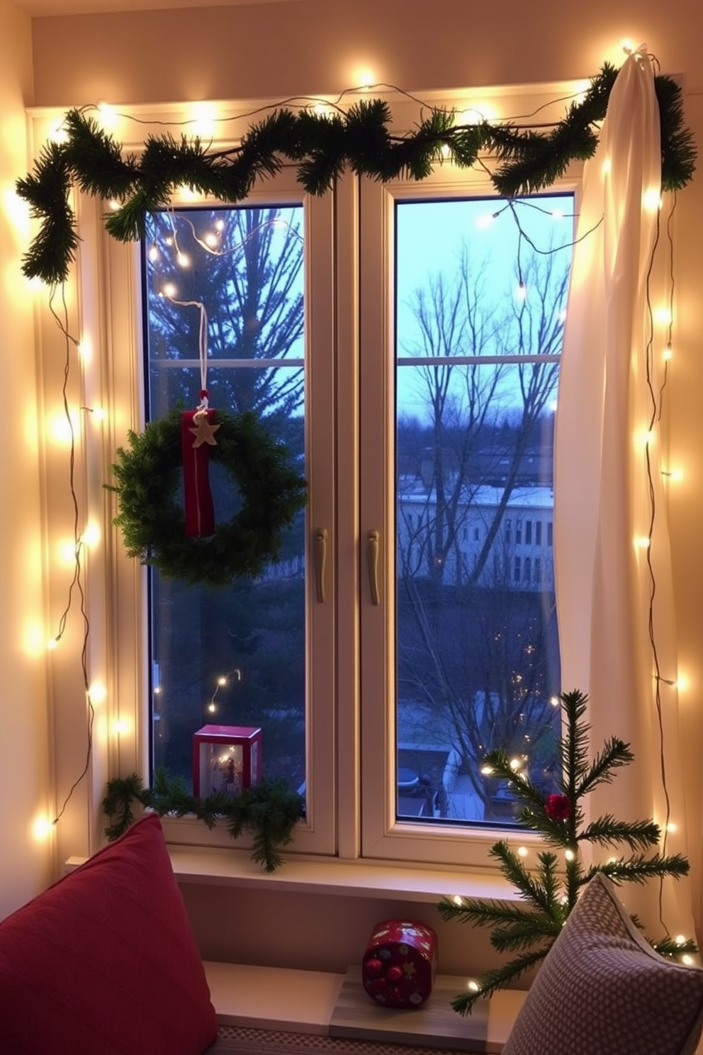 Create a cozy small space decorated for Christmas. String lights are elegantly draped around the window frames, casting a warm glow throughout the room.