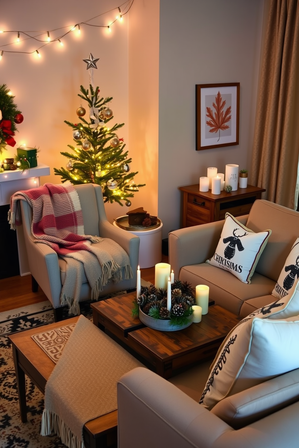 Create a cozy living room for the holidays featuring a small tree decorated with vintage ornaments that evoke a sense of nostalgia. Adorn the space with warm string lights and a plush throw blanket draped over a stylish armchair to enhance the festive atmosphere. Incorporate a rustic coffee table adorned with a festive centerpiece made of pinecones and candles. Use decorative pillows with holiday motifs on the sofa to complete the charming and inviting look.