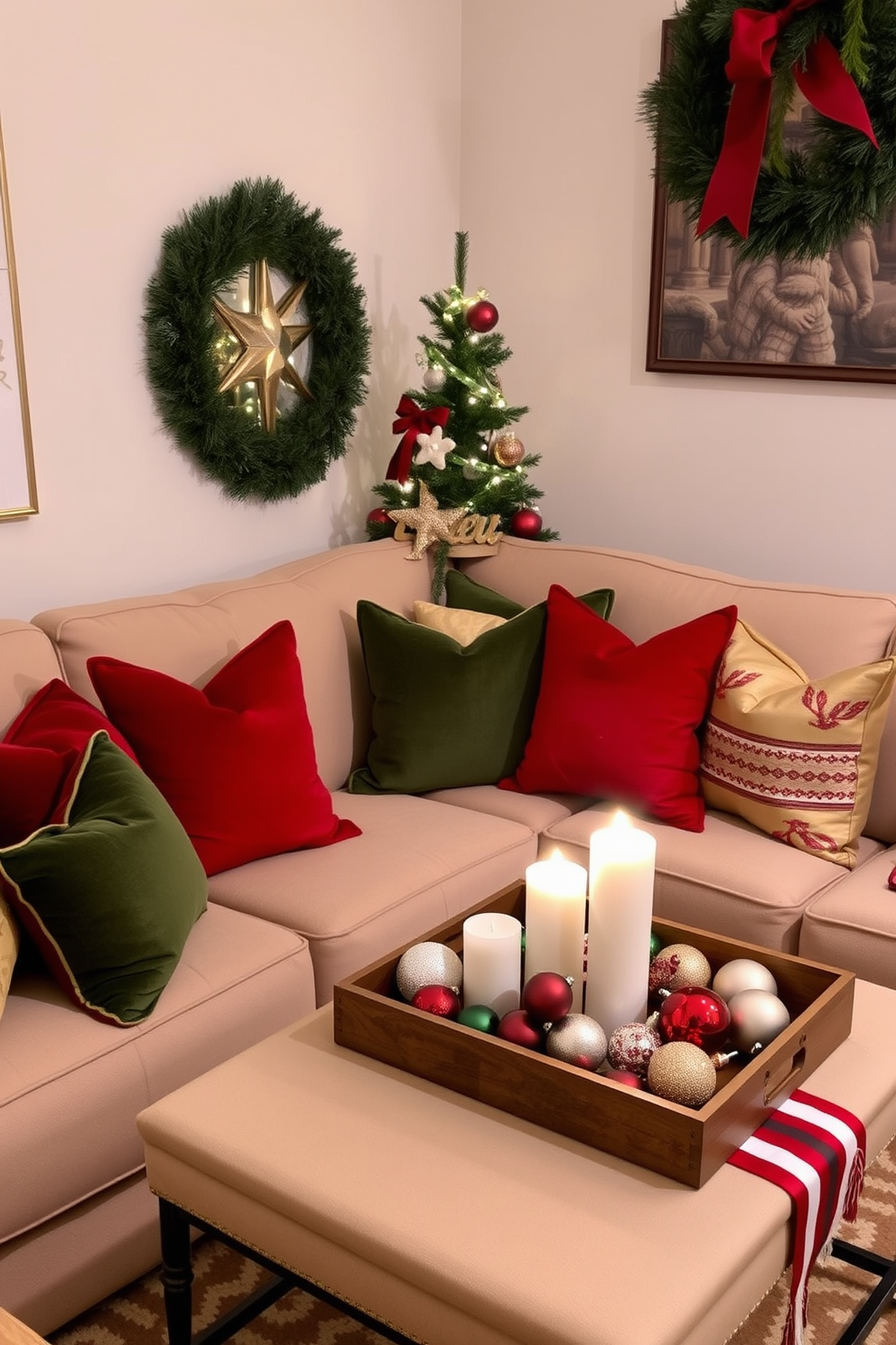 A cozy living room adorned with seasonal throw pillows in festive colors. Plush pillows in red, green, and gold are scattered across a soft beige sofa, creating a warm and inviting atmosphere. In a small space, a compact coffee table is adorned with a decorative tray holding candles and holiday ornaments. A small evergreen tree sits in the corner, beautifully decorated with twinkling lights and handmade ornaments.