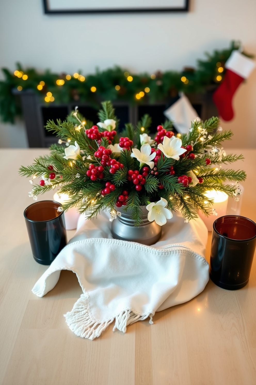 Create a festive centerpiece on the table featuring a lush arrangement of pine branches, vibrant red berries, and delicate white flowers. Surround the centerpiece with twinkling fairy lights and a few elegant candles to enhance the holiday ambiance. For small space Christmas decorating ideas, use a slim tree adorned with minimalistic ornaments and a cozy blanket at its base. Incorporate hanging decorations like garlands and stockings to maximize vertical space while maintaining a warm, inviting atmosphere.