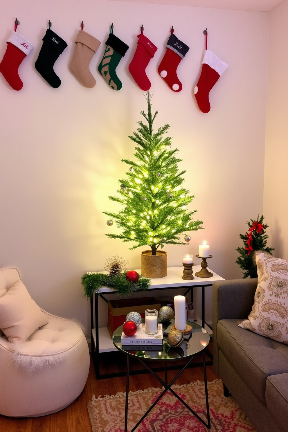 Create a cozy and festive small space Christmas decoration scene. Hang colorful stockings on the wall above a minimalist console table adorned with a small evergreen tree and twinkling fairy lights. Incorporate a plush area rug to add warmth to the floor and place a few decorative pillows on a compact sofa. Use a mix of festive ornaments and candles on the table to enhance the holiday atmosphere.