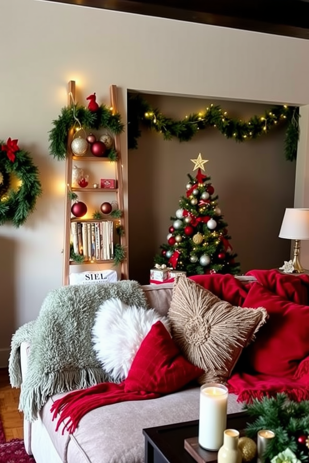 A cozy living room adorned for Christmas features a decorative ladder leaning against a wall, showcasing an array of festive ornaments and twinkling lights. Plush throw blankets and pillows in rich red and green hues are scattered across a comfortable sofa, creating a warm and inviting atmosphere. In the corner, a small Christmas tree is elegantly decorated with delicate ornaments and a star on top. A collection of scented candles on a side table adds to the seasonal charm, filling the space with a delightful fragrance.