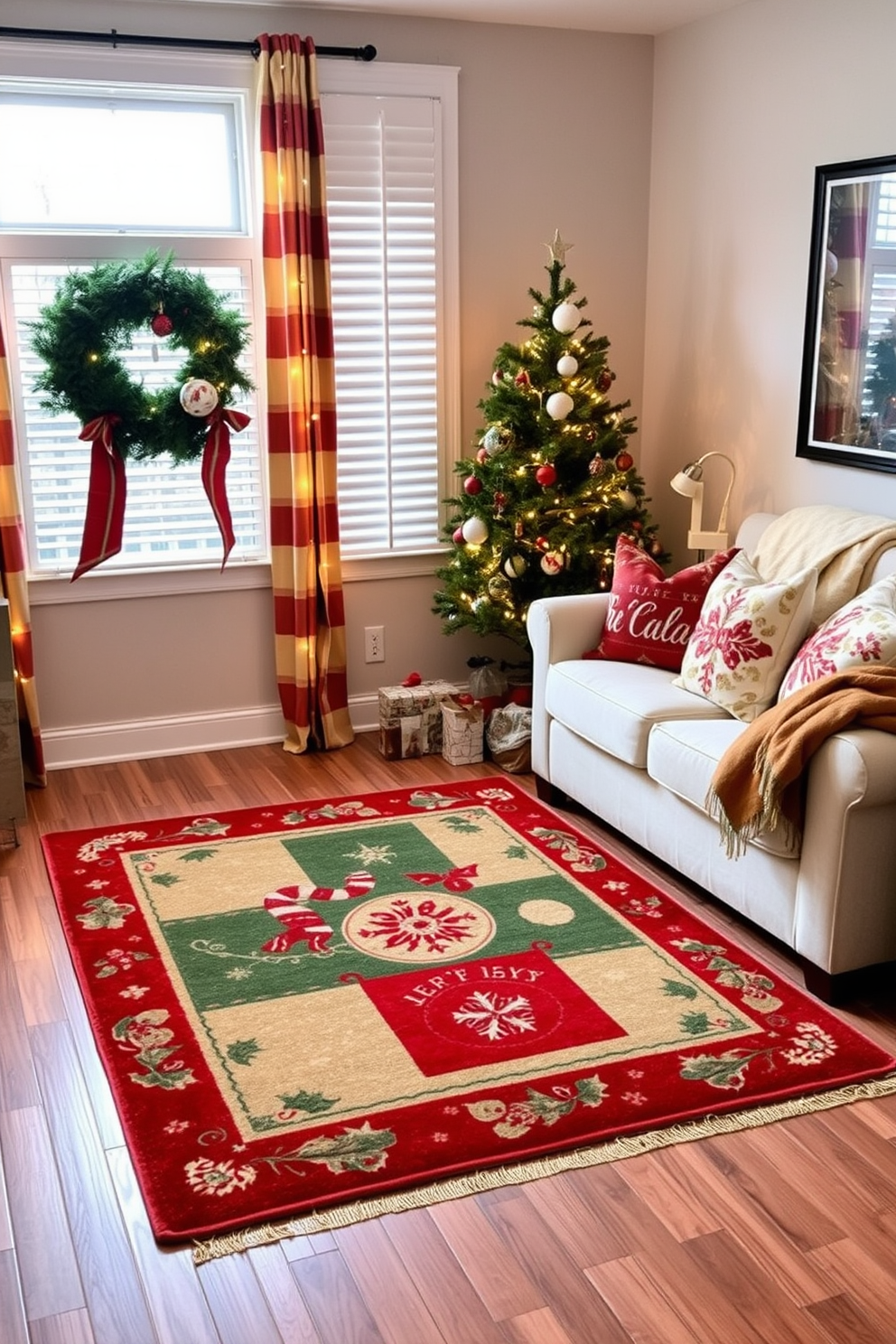 A cozy living room designed for the holiday season. In the center, a small space is adorned with a festive holiday-themed rug featuring traditional Christmas colors and patterns. The room is decorated with a compact tree, adorned with twinkling lights and ornaments. A plush sofa is accented with seasonal throw pillows and a warm blanket, creating an inviting atmosphere.