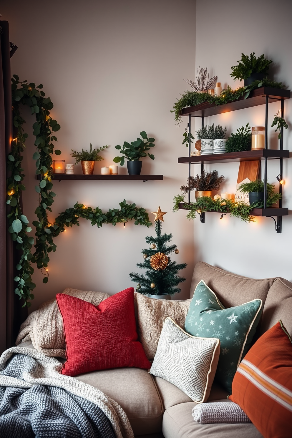 A cozy living room adorned for the holidays features shelves filled with various greenery, such as eucalyptus and pine garlands. Small potted plants and festive ornaments are artfully arranged in nooks to create a warm and inviting atmosphere. The space is decorated with twinkling fairy lights and a small Christmas tree in the corner, adding a touch of holiday cheer. Soft throw blankets and pillows in seasonal colors enhance the comfort of this compact yet stylish setting.