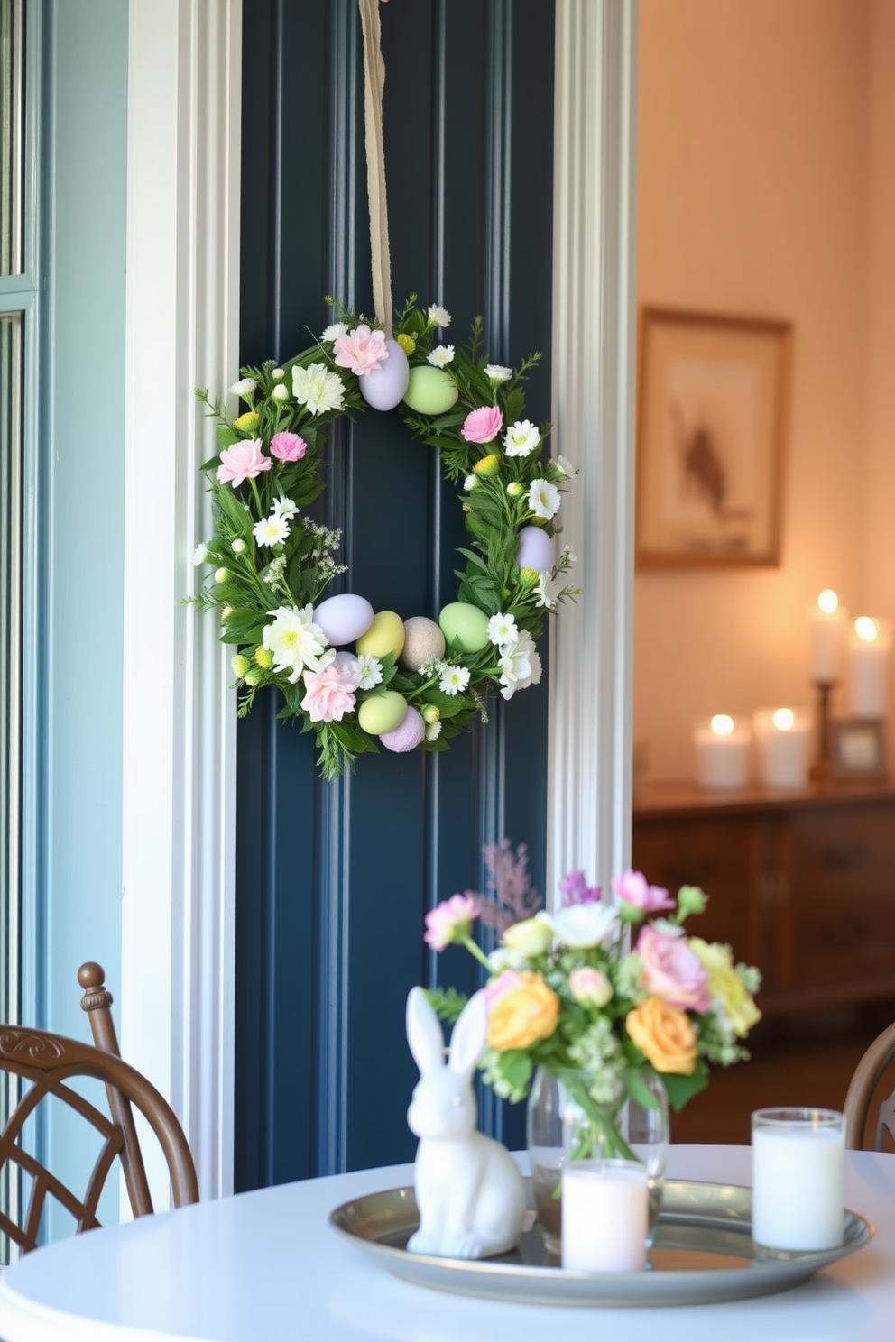 A charming Easter wreath adorns the front door, crafted from fresh flowers and pastel-colored eggs. The wreath adds a festive touch to the entrance, welcoming guests with seasonal cheer. Inside, small space Easter decorating ideas feature delicate arrangements of spring blooms on tabletops. Subtle accents like bunny figurines and pastel-hued candles create a cozy and inviting atmosphere.