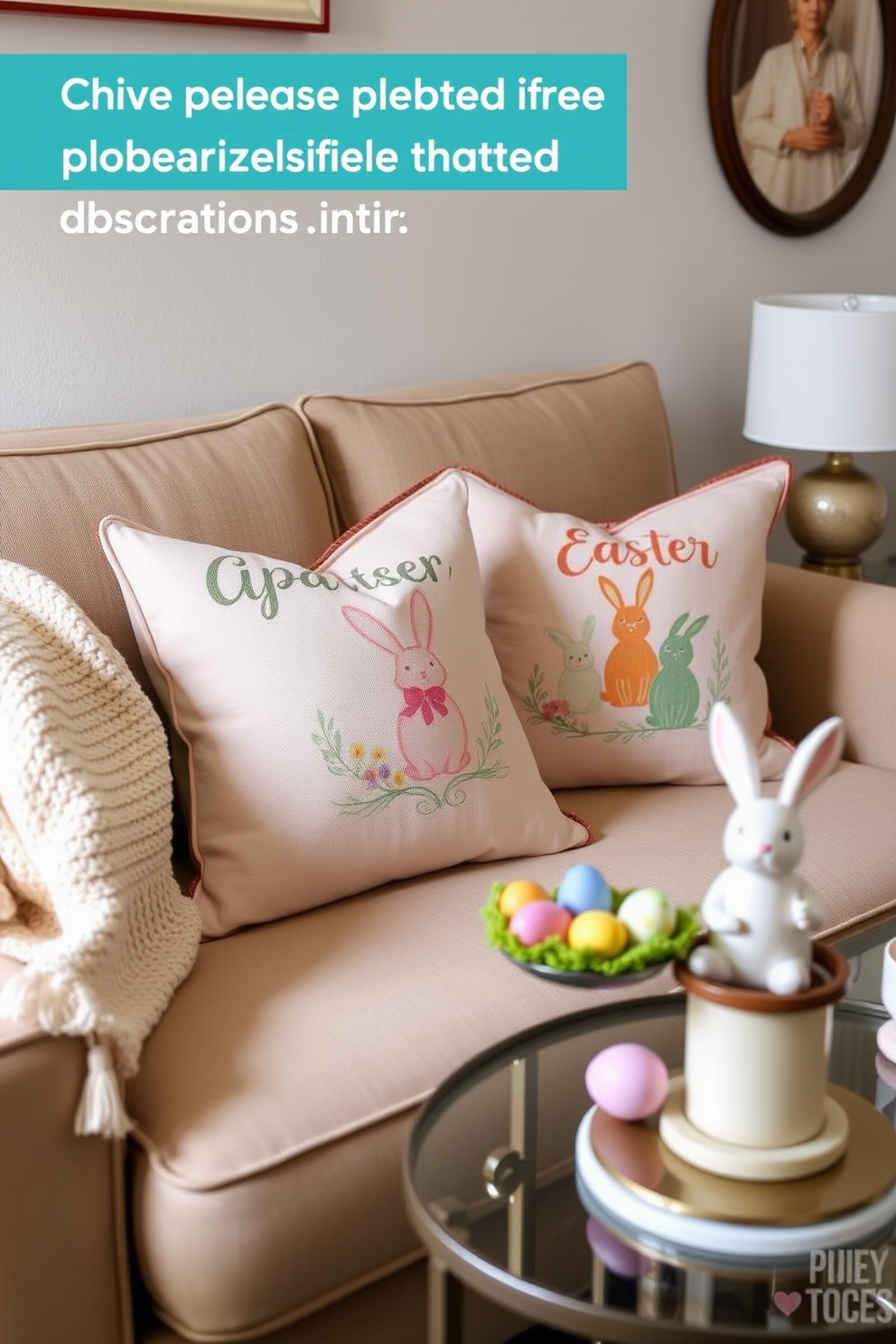 Create a cozy living room setting featuring seasonal throw pillows adorned with Easter motifs. The pillows should be arranged on a neutral-colored sofa, complemented by a pastel-themed throw blanket draped over the armrest. In a small apartment, showcase clever Easter decorating ideas that maximize space while maintaining a festive atmosphere. Incorporate decorative elements like a small table centerpiece with Easter eggs and a cheerful bunny figurine to enhance the seasonal charm.