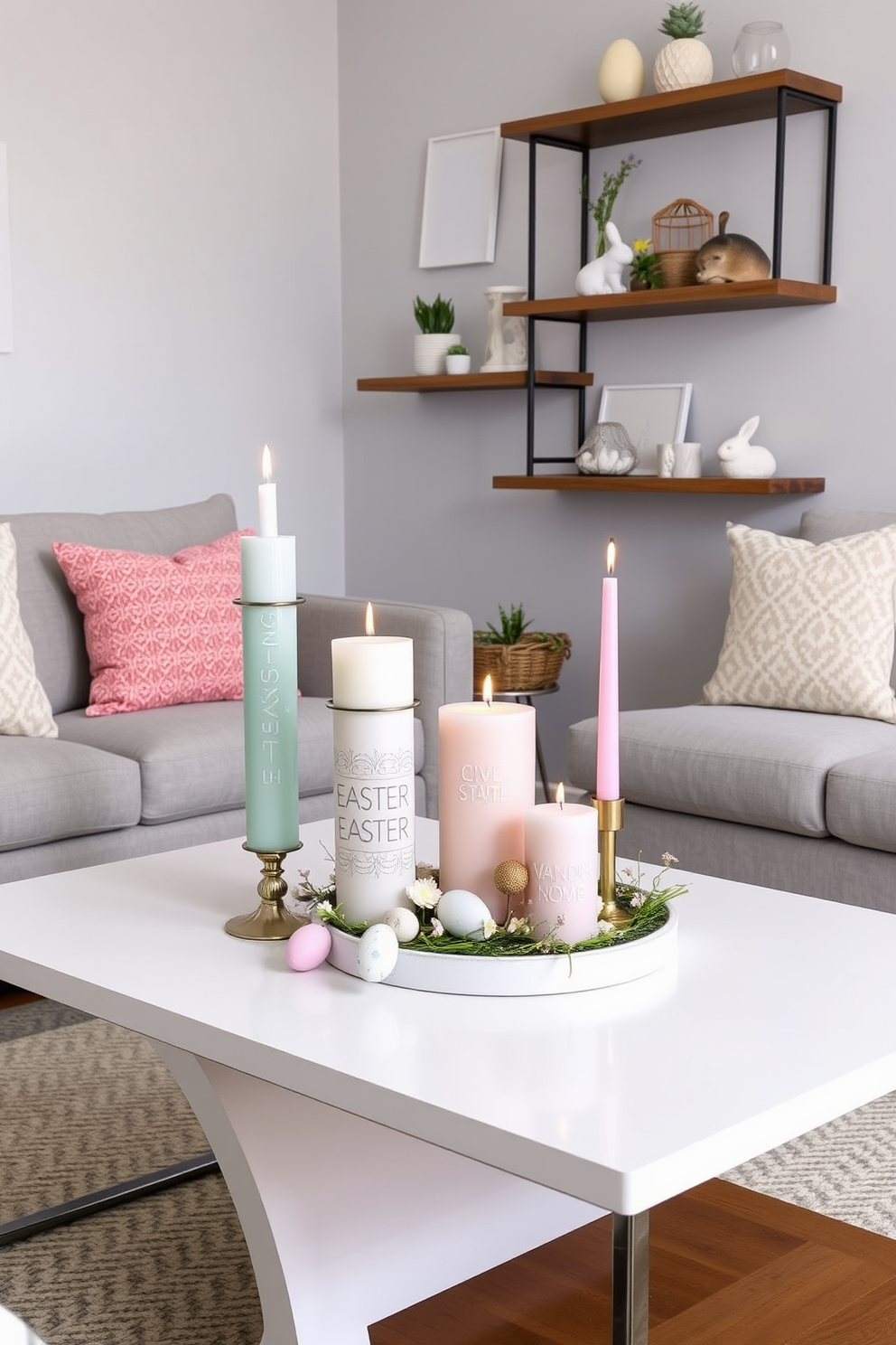 Easter-themed candles are arranged elegantly on a modern coffee table, featuring pastel colors and intricate designs that evoke the spirit of the holiday. Surrounding the candles are small decorative elements like eggs and spring flowers, creating a festive atmosphere. In a cozy living room, utilize vertical space with wall-mounted shelves displaying Easter decorations and seasonal accents. A minimalist approach to the coffee table ensures it remains functional while still celebrating the Easter theme.