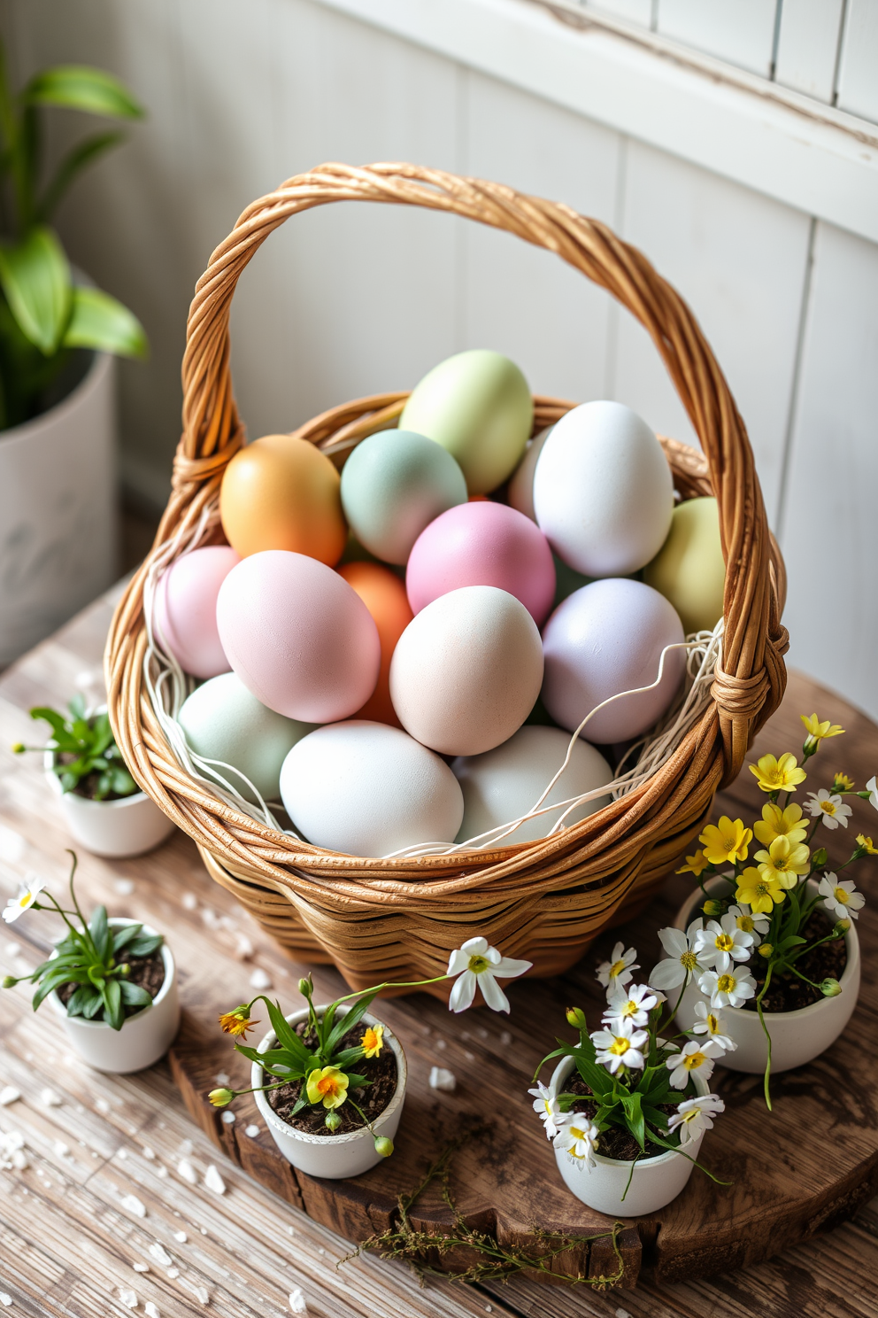 A decorative basket filled with beautifully painted eggs in various pastel colors sits on a rustic wooden table. Surrounding the basket are small potted plants and delicate spring flowers, creating a cheerful and festive atmosphere for Easter.