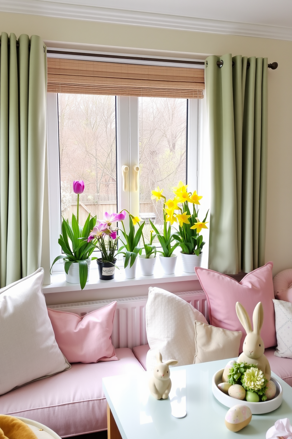 A cozy small living space decorated for Easter features a window sill adorned with vibrant potted tulips and daffodils. Soft pastel colors fill the room with a cheerful ambiance, complemented by delicate decorations such as Easter-themed cushions and a bunny figurine on the coffee table.