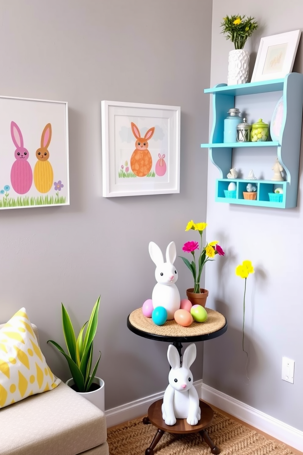 Easter-themed artwork adorns the walls, featuring colorful bunnies and vibrant eggs that bring a festive touch to the space. The decor is complemented by pastel-colored accents and simple floral arrangements that enhance the cheerful atmosphere. Creative small space Easter decorating ideas include a compact table set with decorative eggs and a whimsical bunny centerpiece. Wall-mounted shelves display seasonal decorations while maximizing floor space, creating a festive yet functional environment.