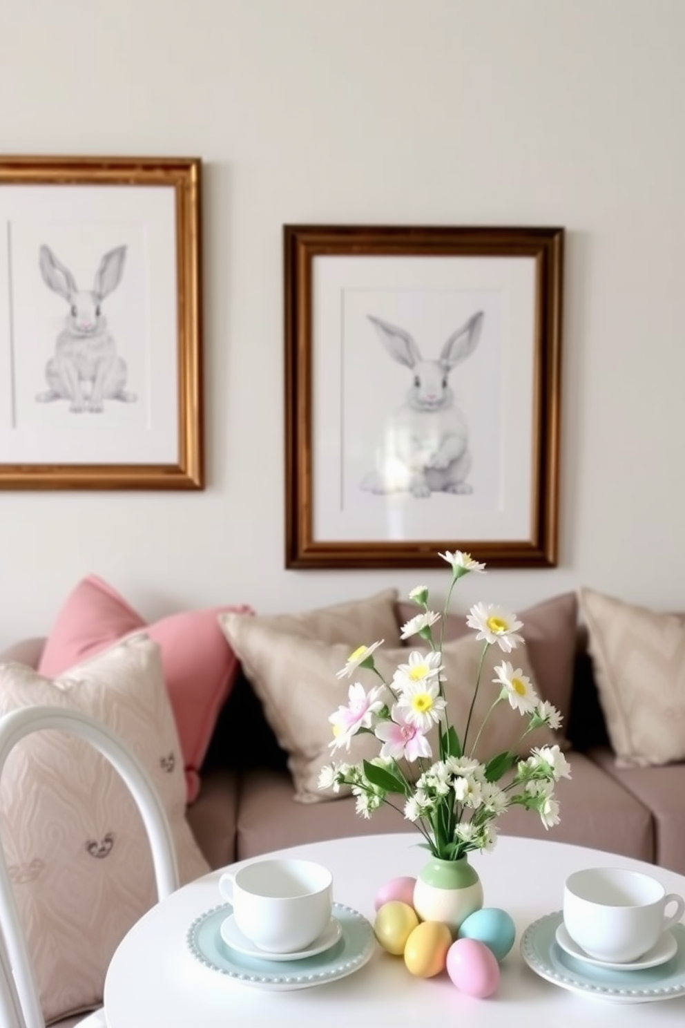 Charming bunny prints in picture frames adorn the walls of a cozy living room. The prints feature playful bunnies in pastel colors, creating a festive and inviting atmosphere. Small space Easter decorating ideas include a delicate table setting with pastel-colored dishes and a small centerpiece of fresh flowers. A few strategically placed decorative eggs add a whimsical touch to the overall decor.