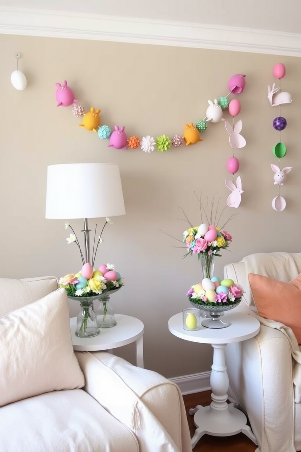 Colorful egg centerpieces are artfully arranged on side tables, bringing a vibrant touch to the decor. Each table features a unique arrangement of eggs in various pastel shades, surrounded by fresh spring flowers in small vases. Small space Easter decorating ideas include hanging decorative garlands made of paper eggs and bunnies. Soft, light fabrics are draped over furniture to create a cozy and festive atmosphere without overwhelming the limited space.