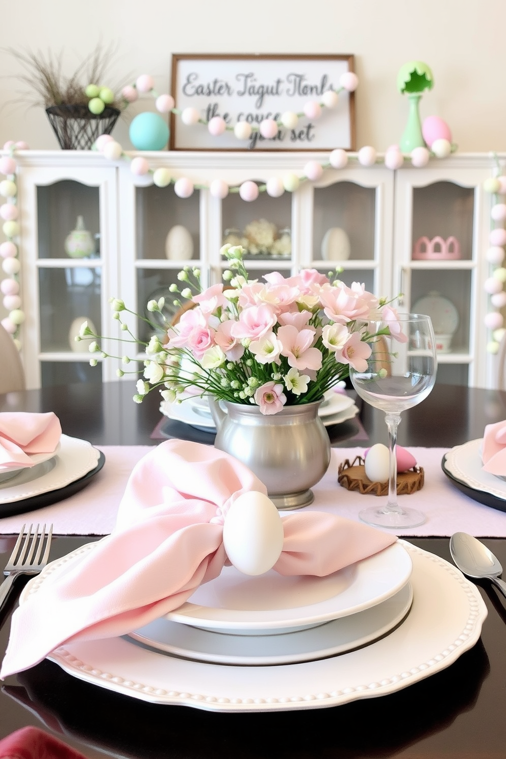 A charming table setting featuring pastel napkins elegantly folded beside delicate dinnerware. The centerpiece showcases a bouquet of spring flowers in soft hues, adding a festive touch for Easter. Creative small space decorating ideas for Easter include pastel-colored decorations that enhance the ambiance without overwhelming the area. Incorporate lightweight, removable accents like garlands and decorative eggs to bring seasonal cheer.