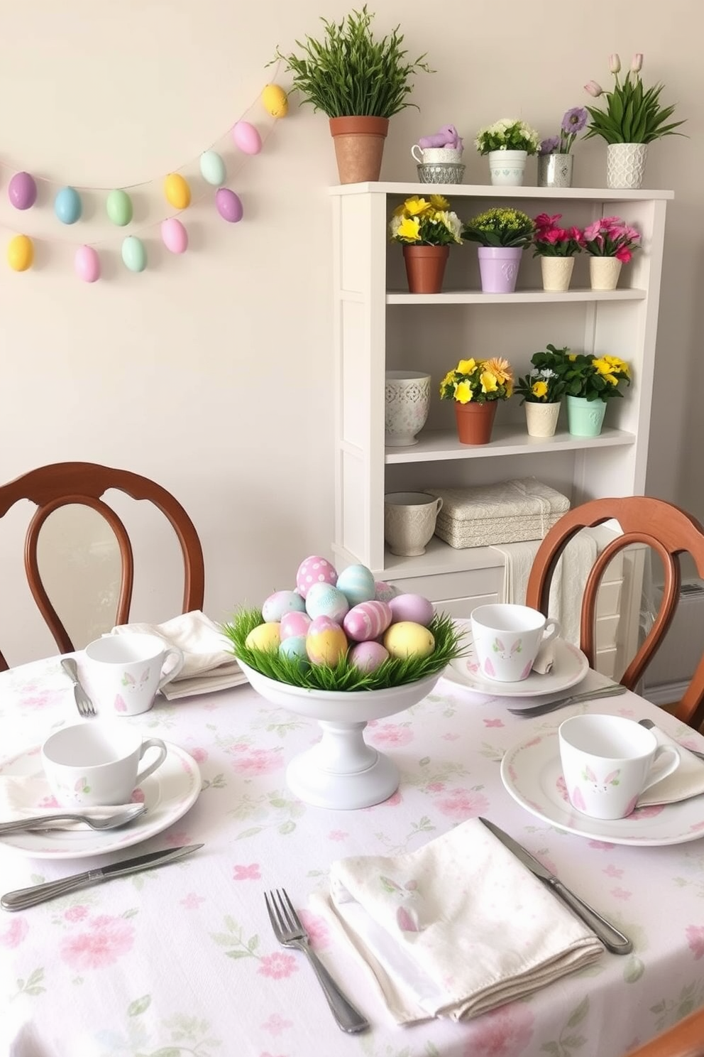 Easter-themed dishware for serving features a pastel color palette with floral patterns and bunny motifs. The table is set with matching plates, cups, and napkins, creating a festive atmosphere for the holiday. Small space Easter decorating ideas include hanging colorful egg garlands and placing potted spring flowers on shelves. A small table is adorned with a cheerful tablecloth and a centerpiece of decorated eggs in a decorative bowl.